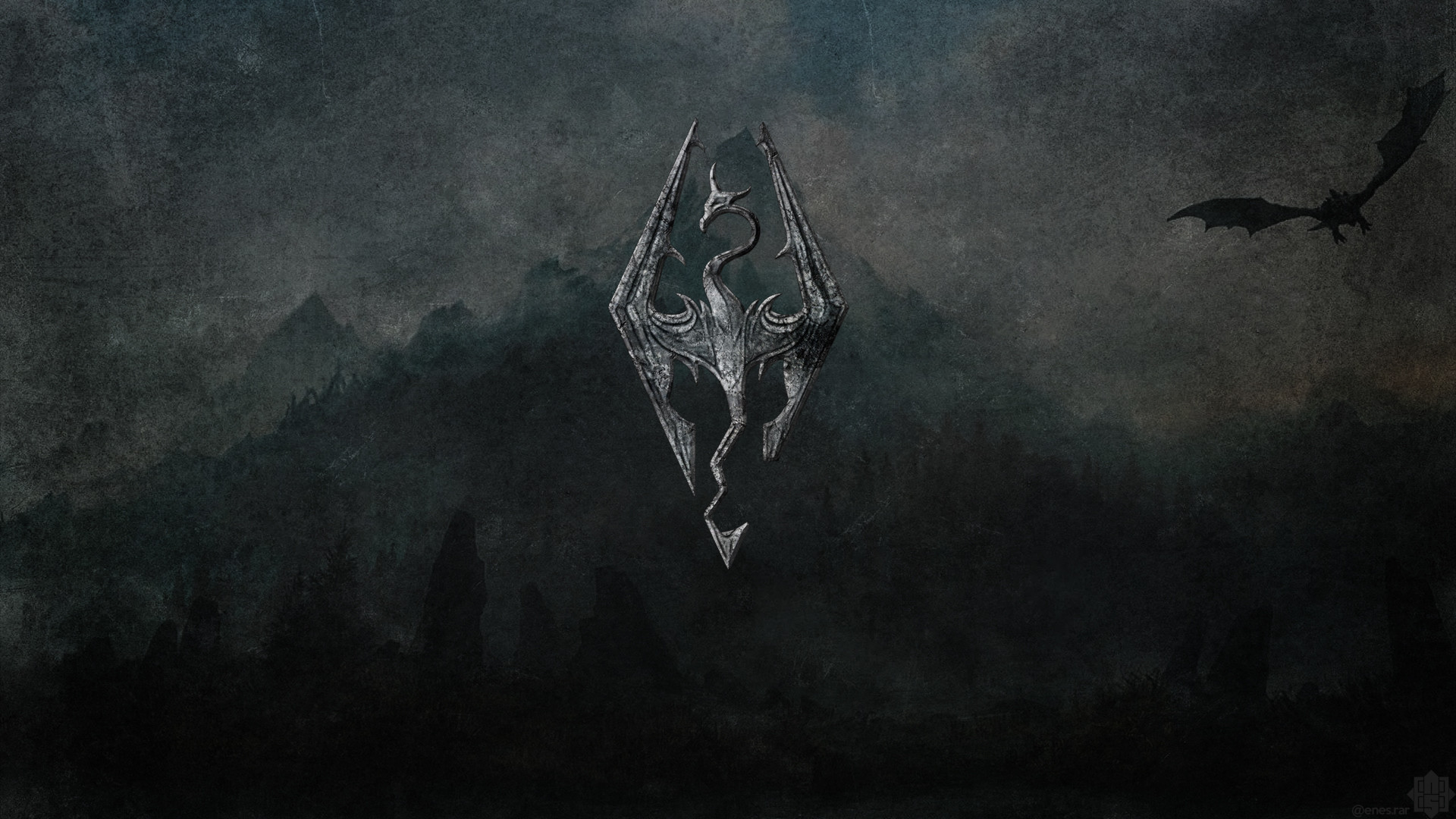 The Elder Scrolls V: Skyrim, Simbolo di Skyrim, Drago, Sfondo scuro, wallpaper desktop Full HD