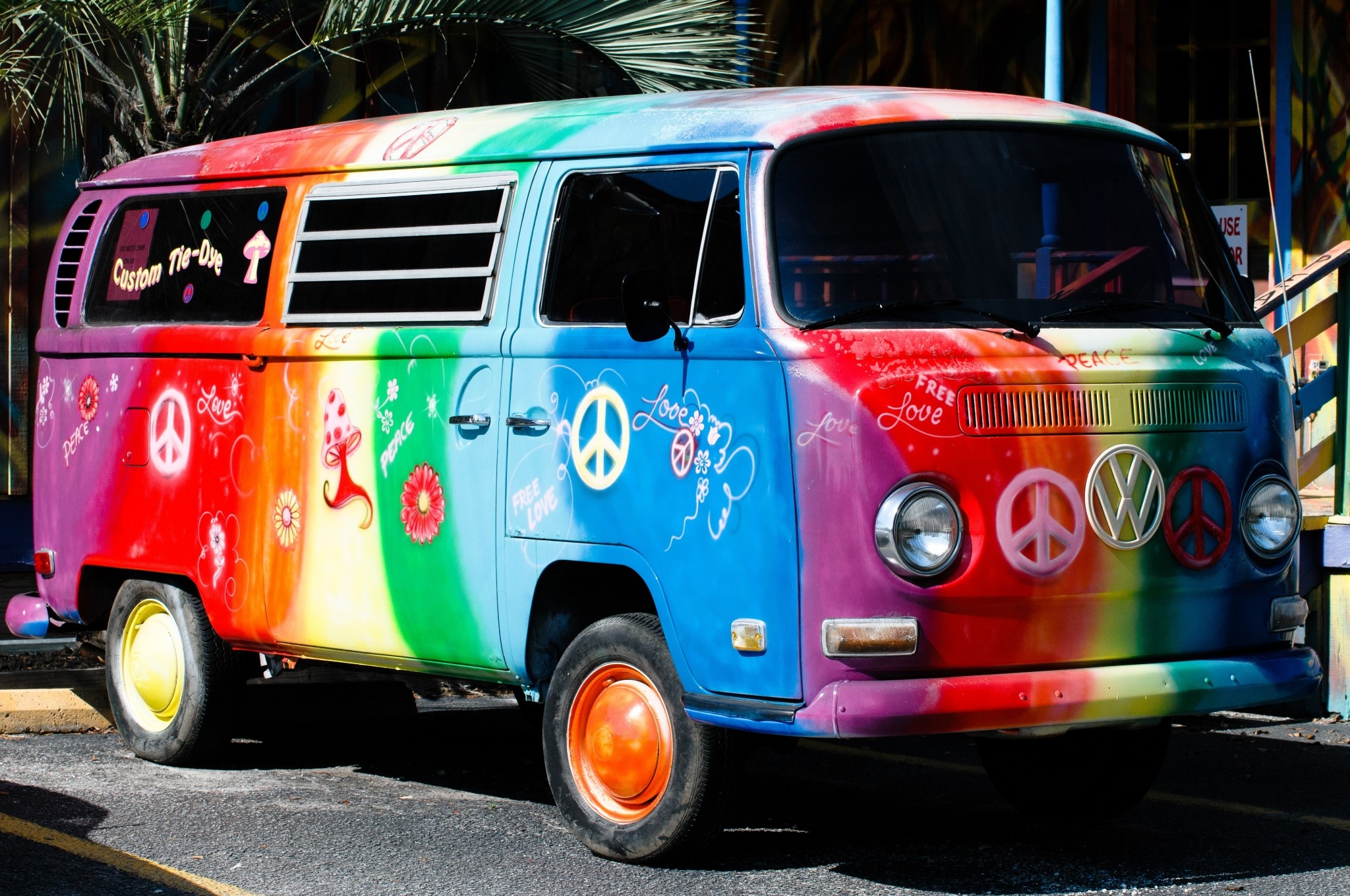Volkswagen Type 2, Pulmino arcobaleno, Simbolo della pace, Full HD, wallpaper desktop