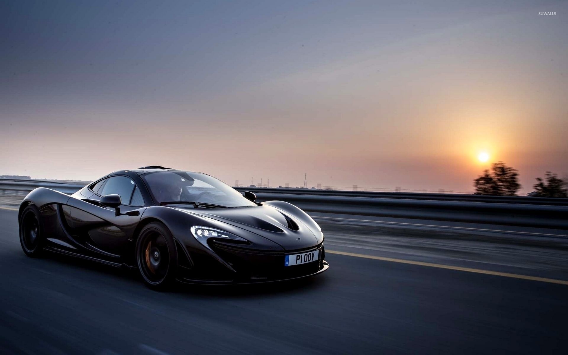 McLaren P1, Nero, Tramonto, Strada, Full HD, sfondo per PC e portatile
