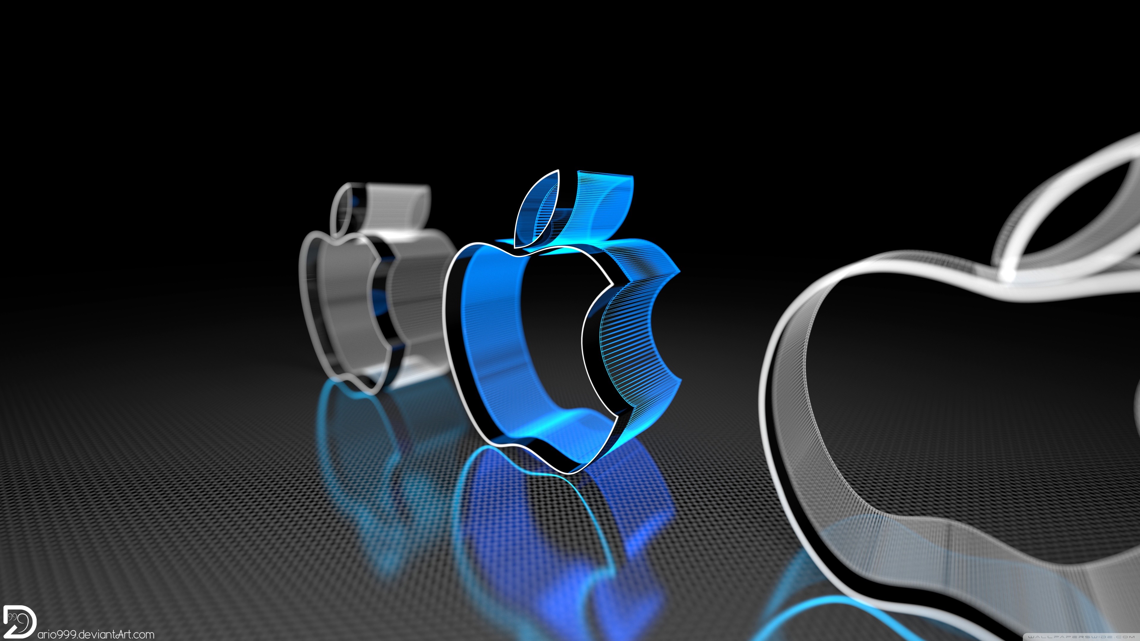 Logo Apple, Apple, Rendering 3D, Blu, Riflesso, 4K, sfondo per il tuo desktop