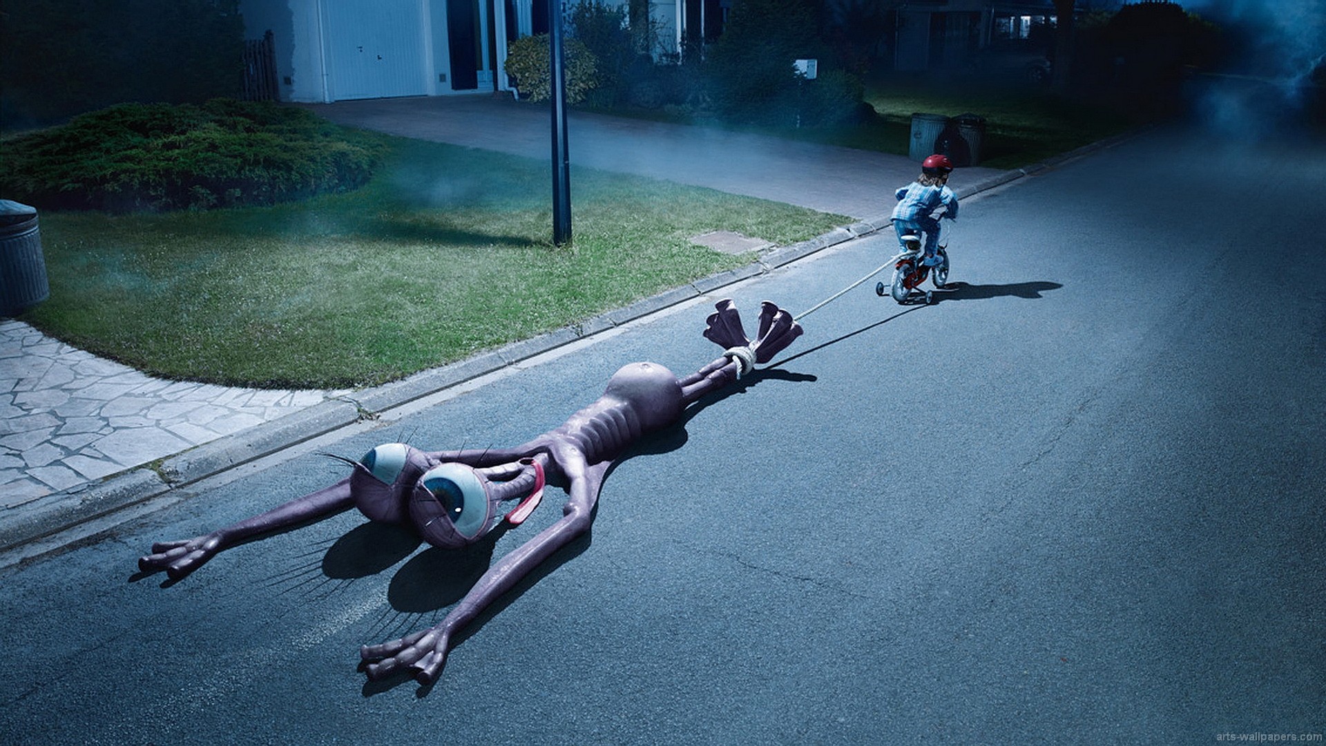 Bambino, Triciclo, Creatura, Surreale, Strada, Full HD, sfondo per PC