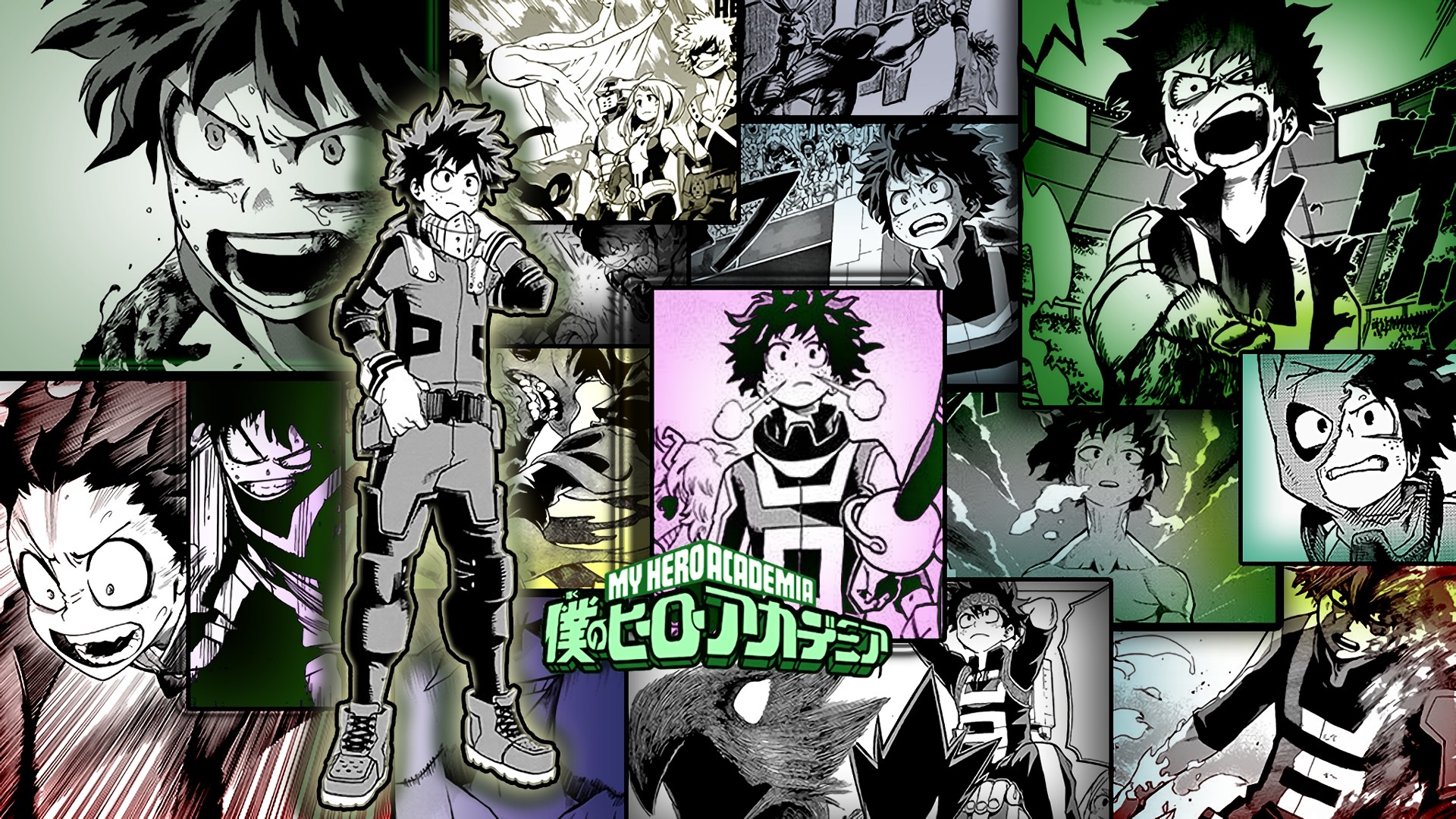 Izuku Midoriya, My Hero Academia, Tavole manga, Collage, Logo, 1920x1080, immagine di sfondo