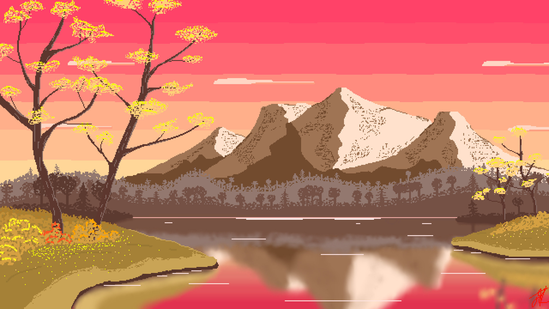 Pixel art, Montagne, Lago, Autunno, Cielo rosa, 1920x1080, immagine di sfondo