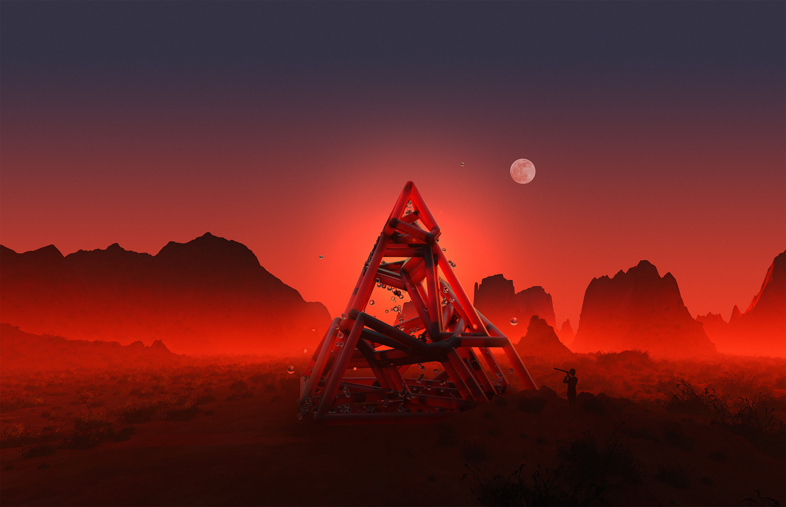 Piramide, Deserto, Luna, Rosso, Paesaggio surreale, 2K, sfondo per PC e portatile