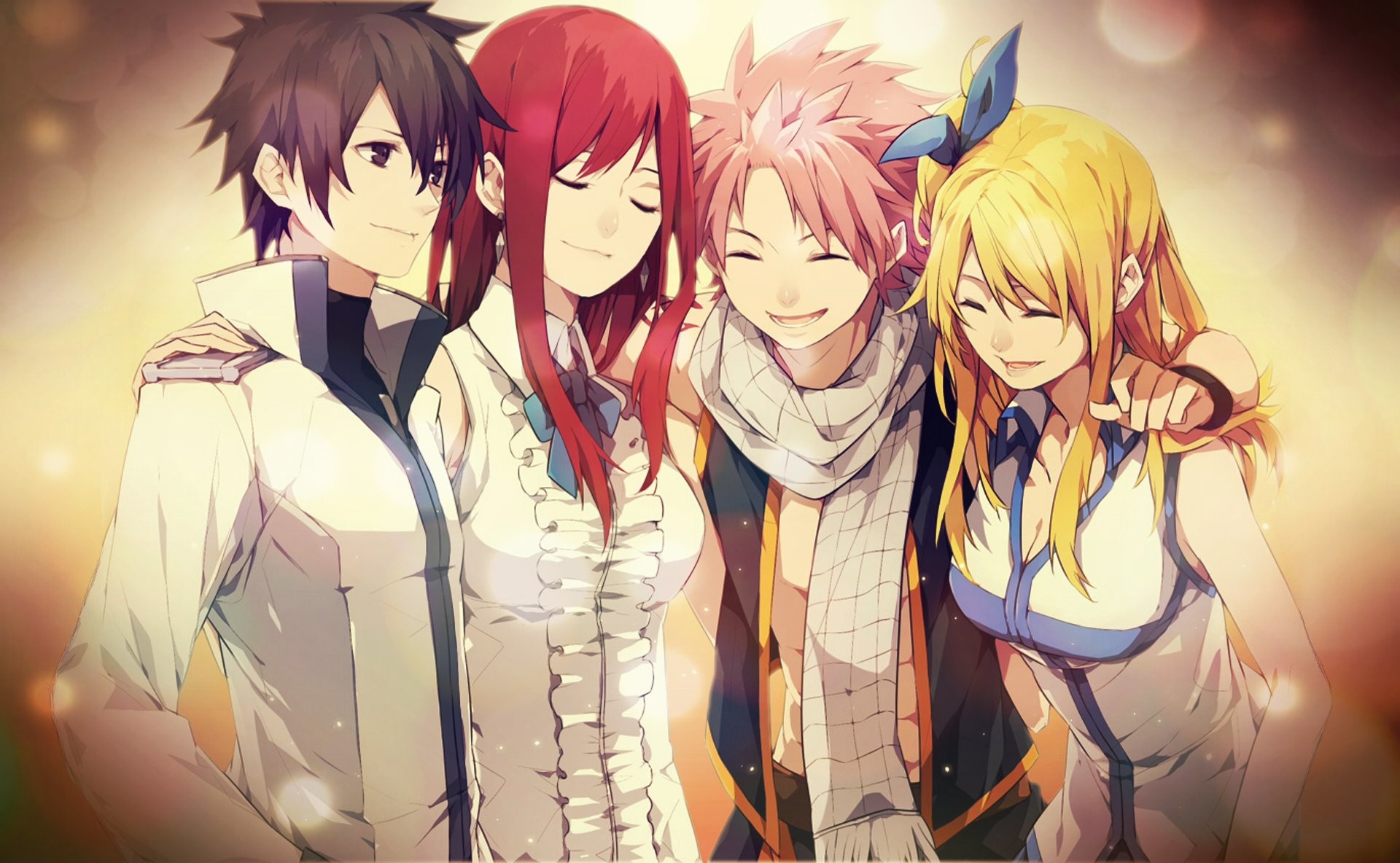 Natsu Dragneel, Lucy Heartfilia, Erza Scarlet, Gray Fullbuster, Fairy Tail, Amicizia, sfondo per PC