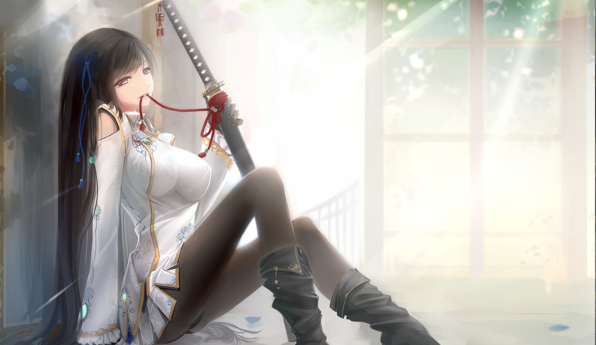 Katana, Ragazza anime, Capelli neri, Illustrazione, Full HD, sfondo desktop