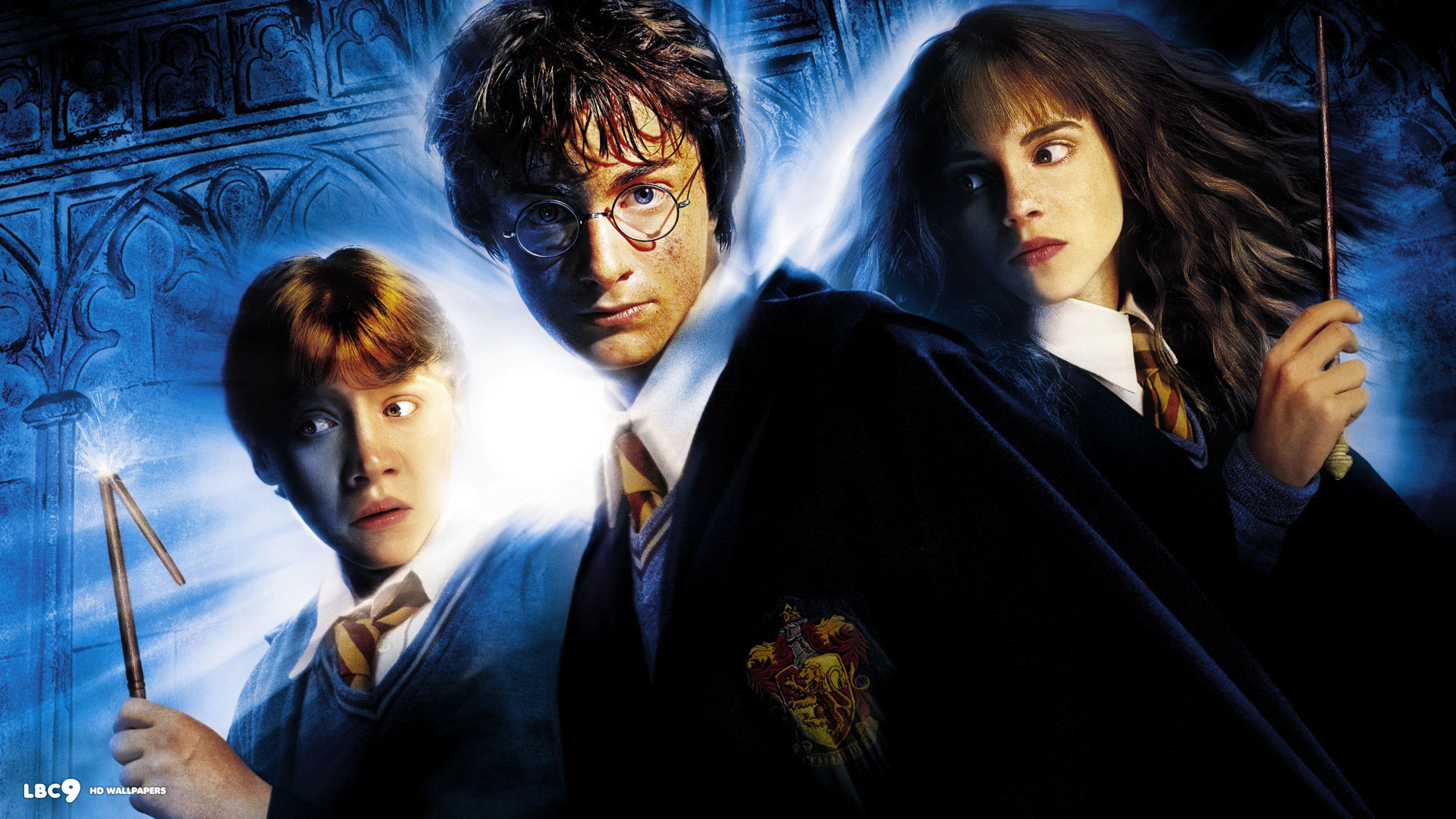 Harry Potter, Ron Weasley, Hermione Granger, Daniel Radcliffe, Emma Watson, Harry Potter e la Camera dei Segreti, Bacchetta magica, sfondo 1080p