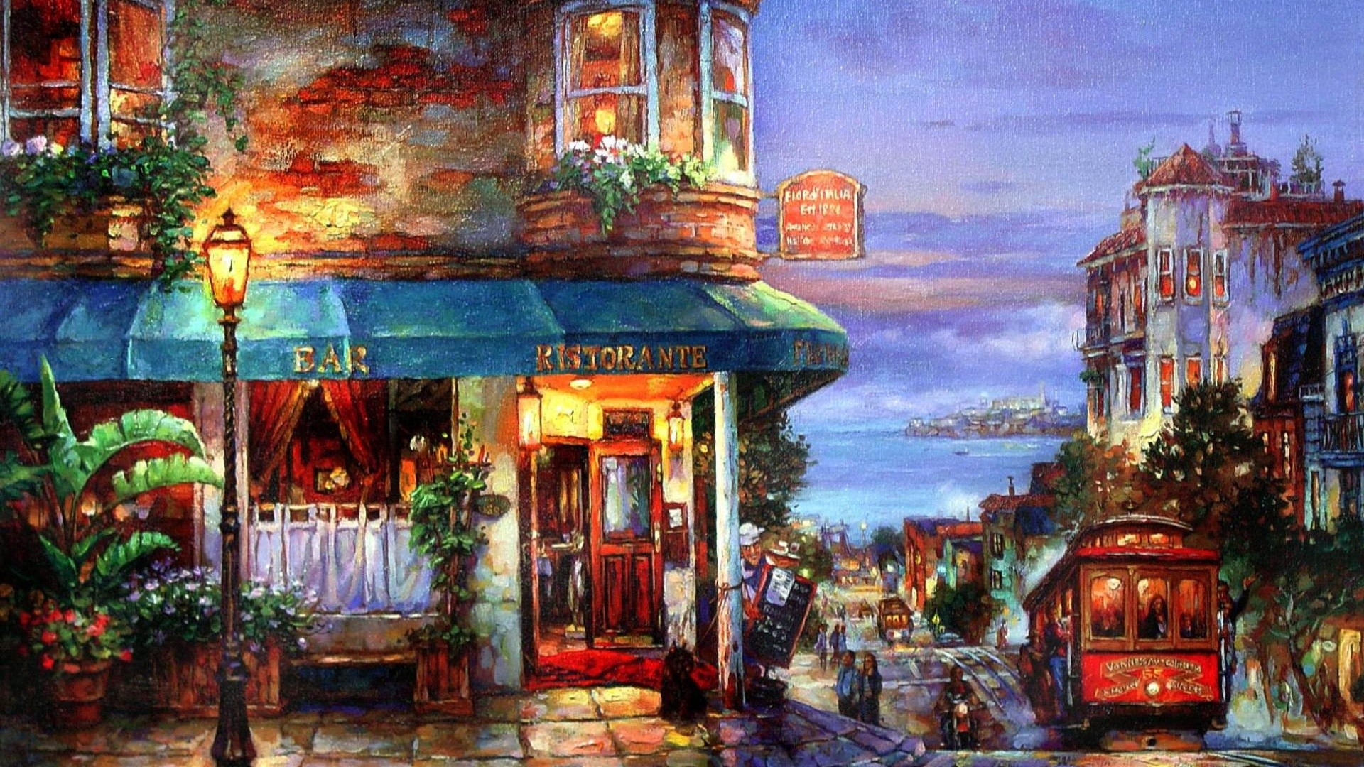 Cable car, San Francisco, Ristorante, Pittura, 1920x1080, immagine di sfondo