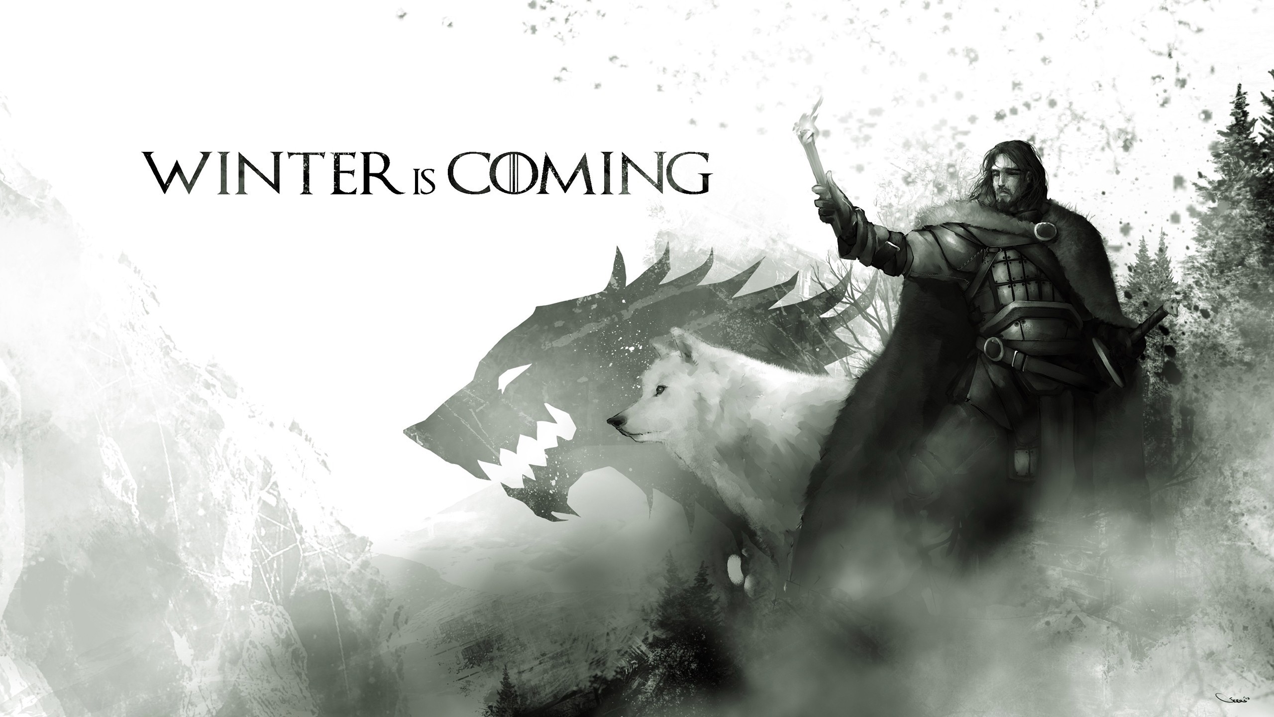 Jon Snow, Winter is Coming, Metalupo, Casa Stark, Acquerello, 2K 1440p, sfondo desktop
