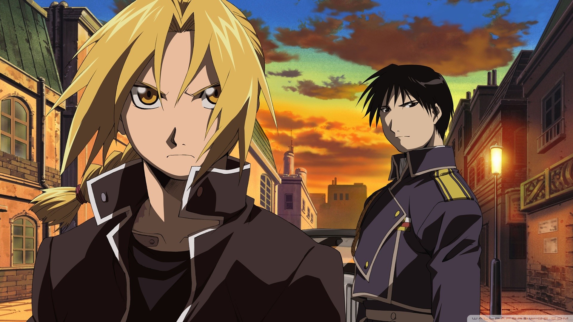 Edward Elric, Roy Mustang, Fullmetal Alchemist, Tramonto, Città, sfondo desktop 1080p