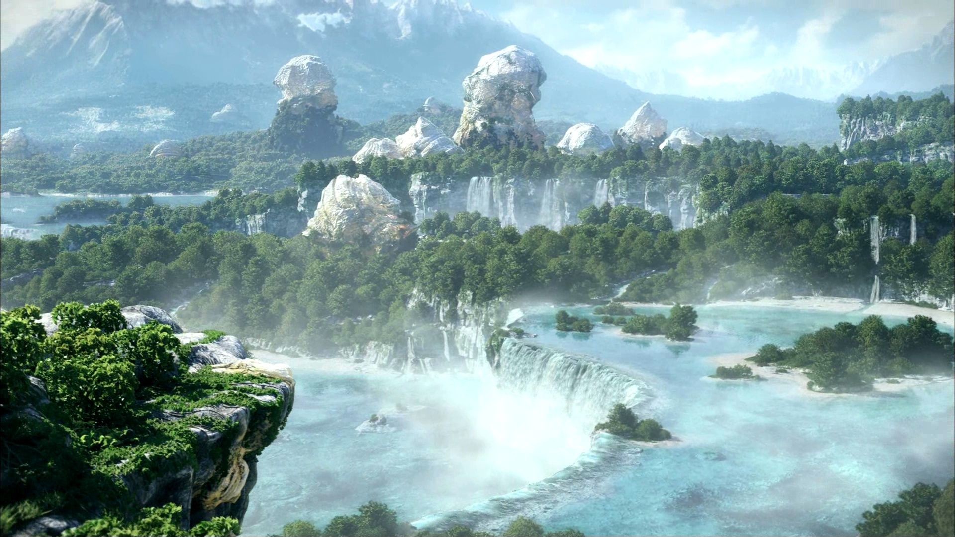 Cascate, Paesaggio fantasy, Foresta, 1920x1080, immagine di sfondo