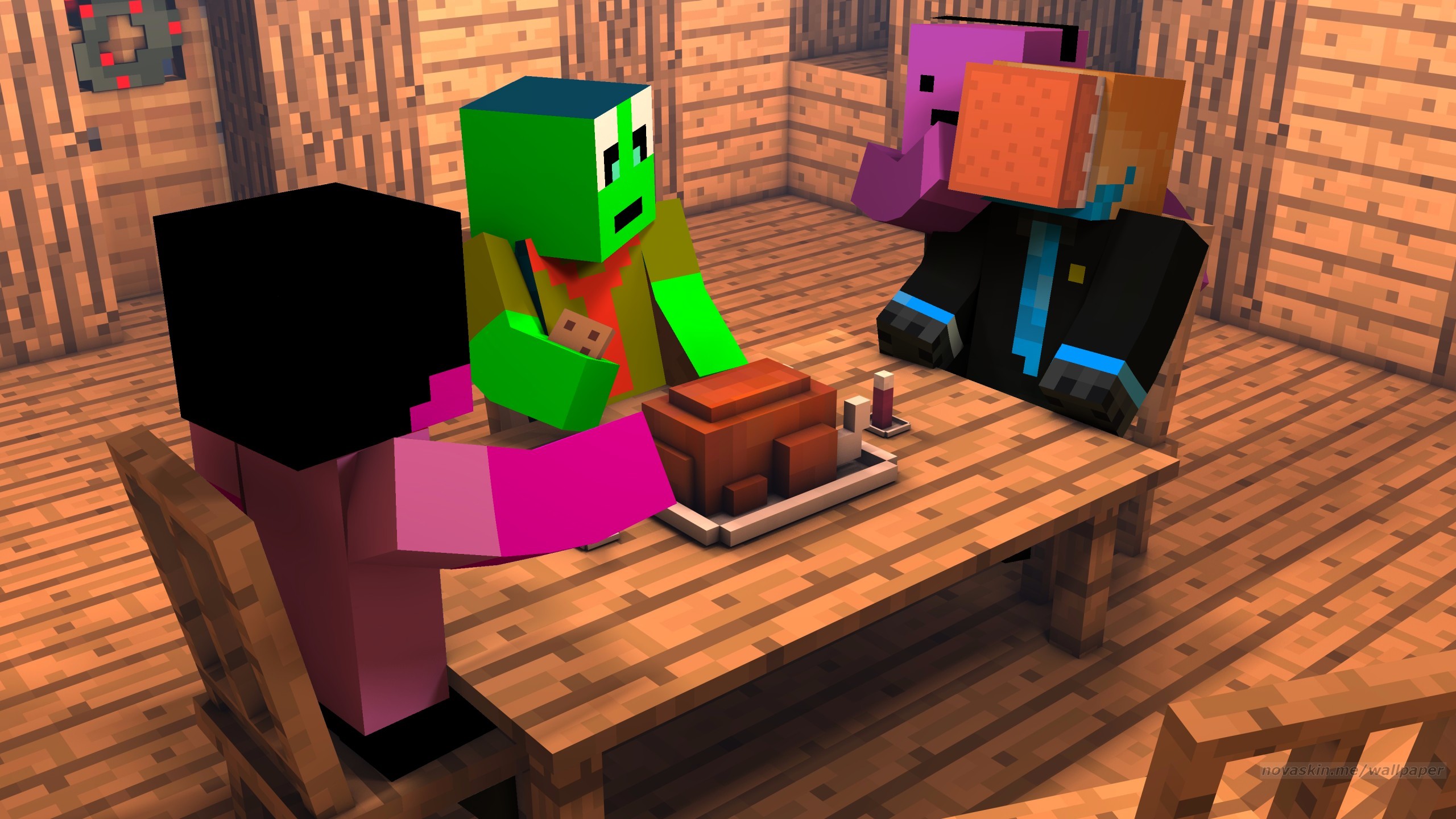 Minecraft, Skin, Tavolo, Torta, Casa di legno, 2K, wallpaper per computer