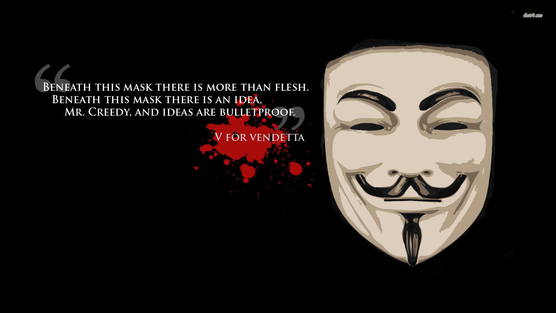 V per Vendetta, Maschera di Guy Fawkes, Citazione, Schizzo di sangue, Sfondo nero, wallpaper desktop