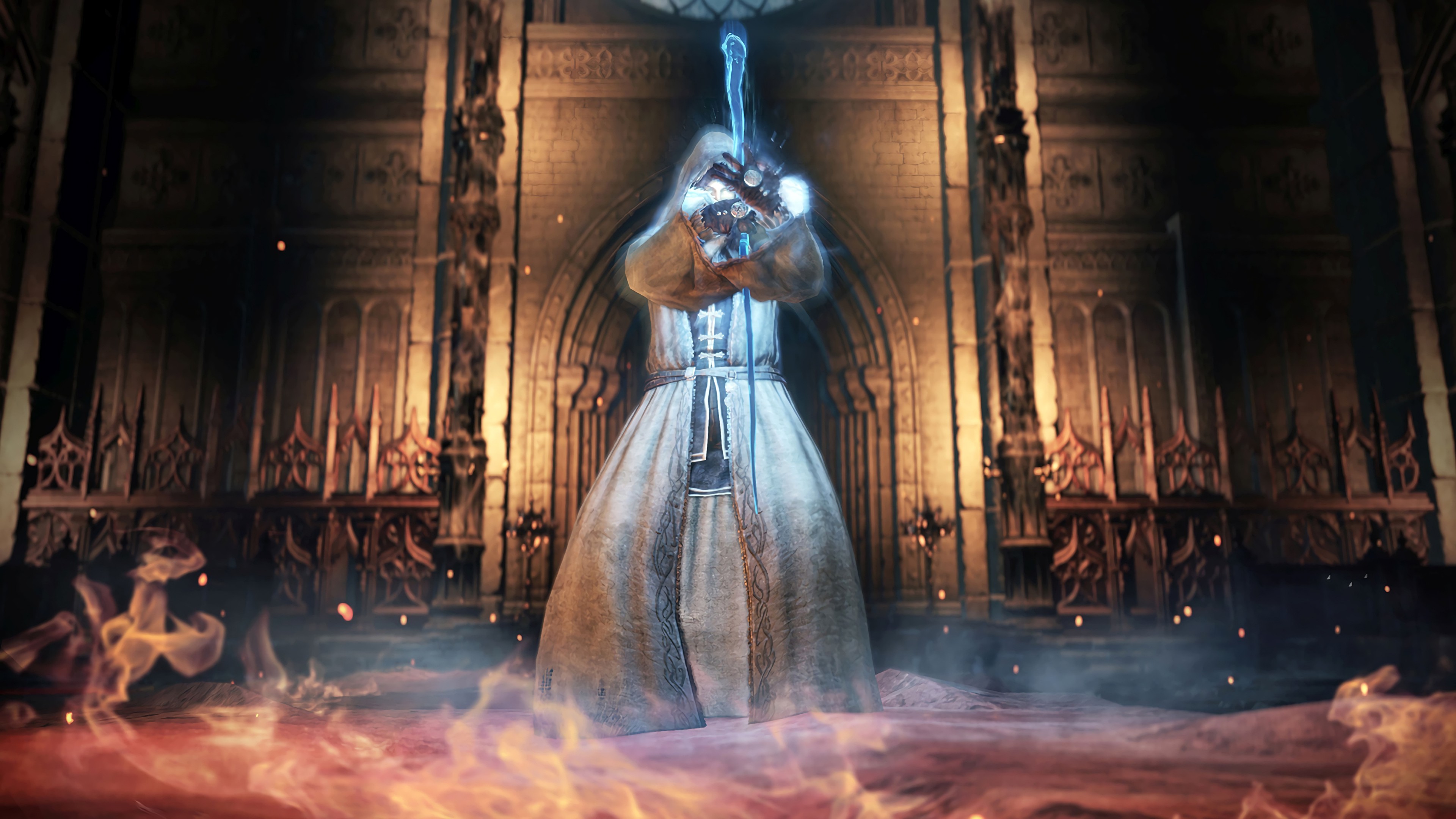 Dark Souls III, Cattedrale, Figura incappucciata, Luce, 4K, sfondo desktop