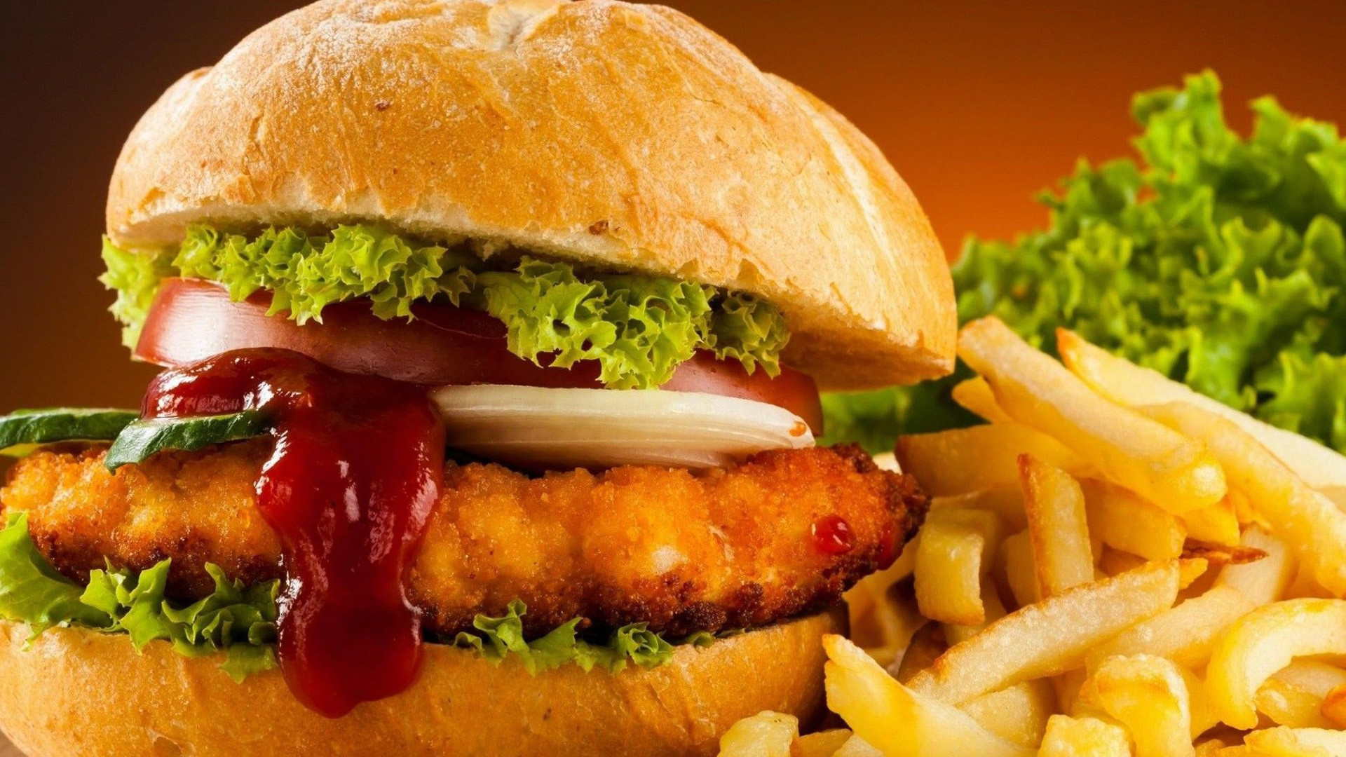 Burger di pollo, Patatine fritte, Ketchup, Lattuga, Fast food, 1920x1080, sfondo per PC
