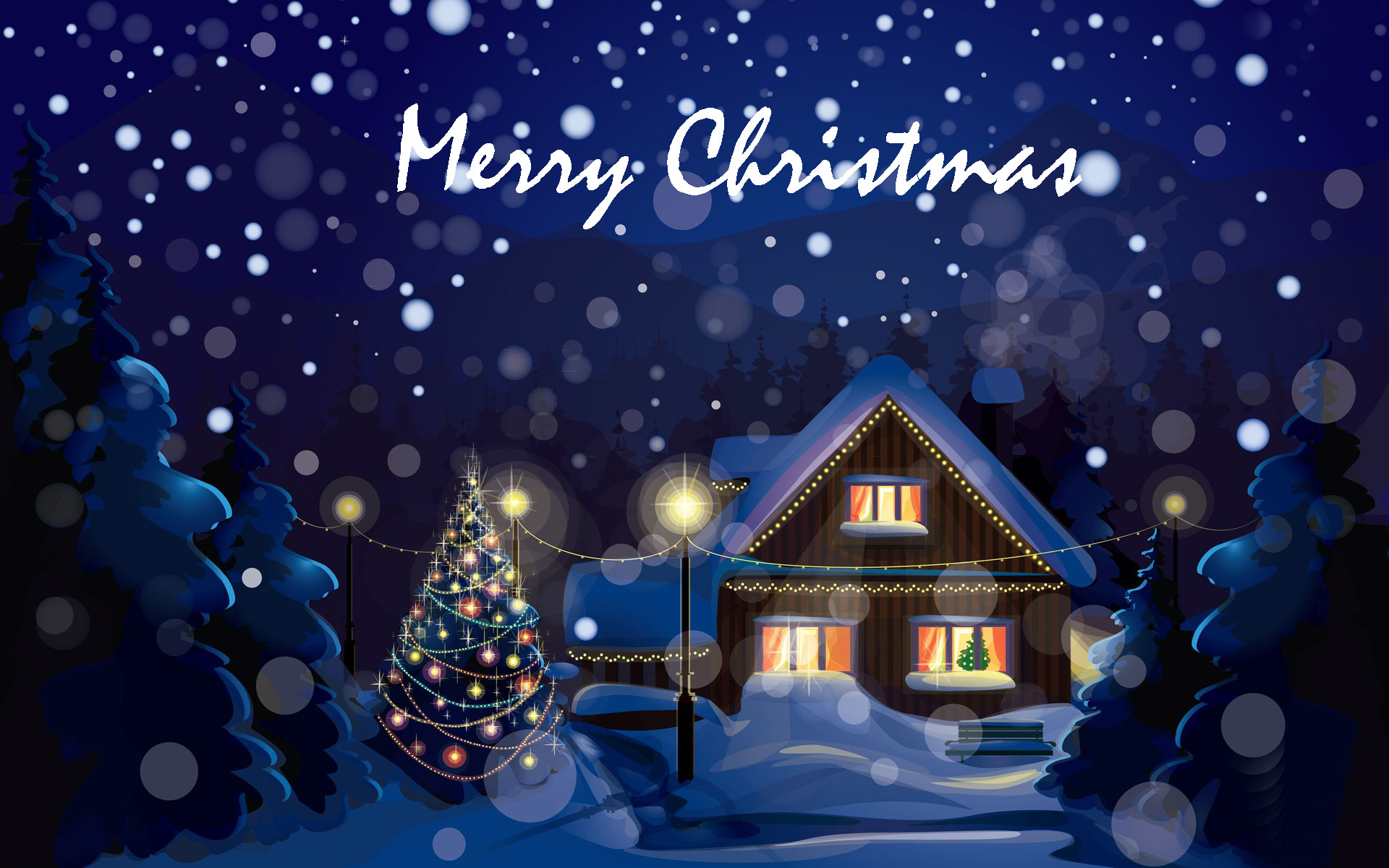 Merry Christmas, Casa innevata, Albero di Natale, Notte, Illustrazione, sfondo 16:10 Full HD