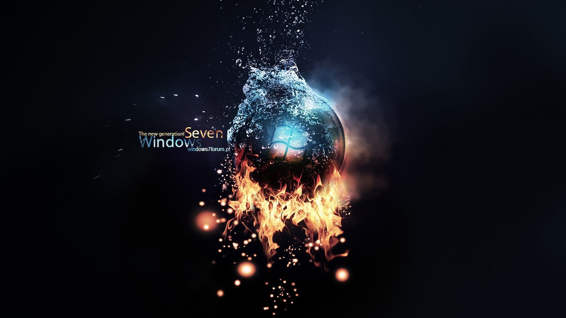 Windows 7, Sfera, Fuoco e acqua, Sfondo nero, Full HD, wallpaper desktop