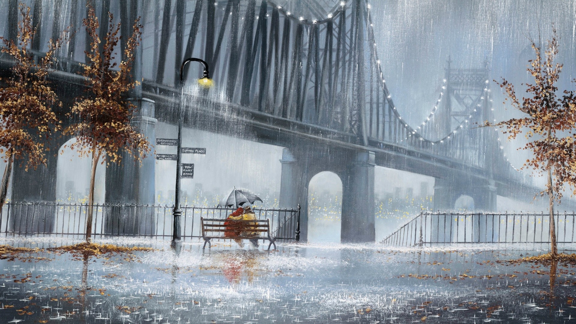 Ponte di Brooklyn, Pioggia, Autunno, Dipinto, Full HD, sfondo Windows 11
