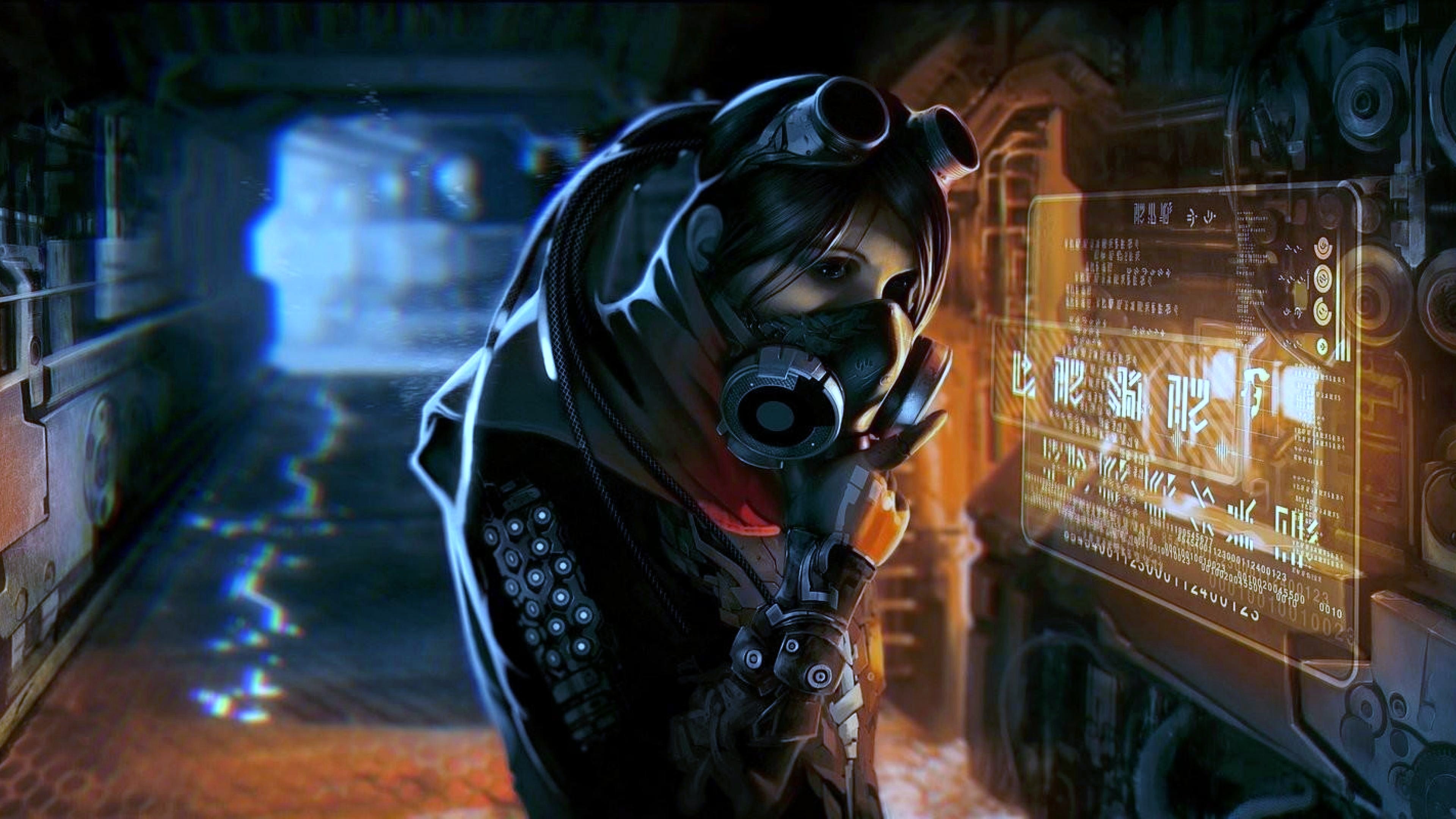 Ragazza cyberpunk, Maschera antigas, Ologramma, Neon, 4K, sfondo per PC