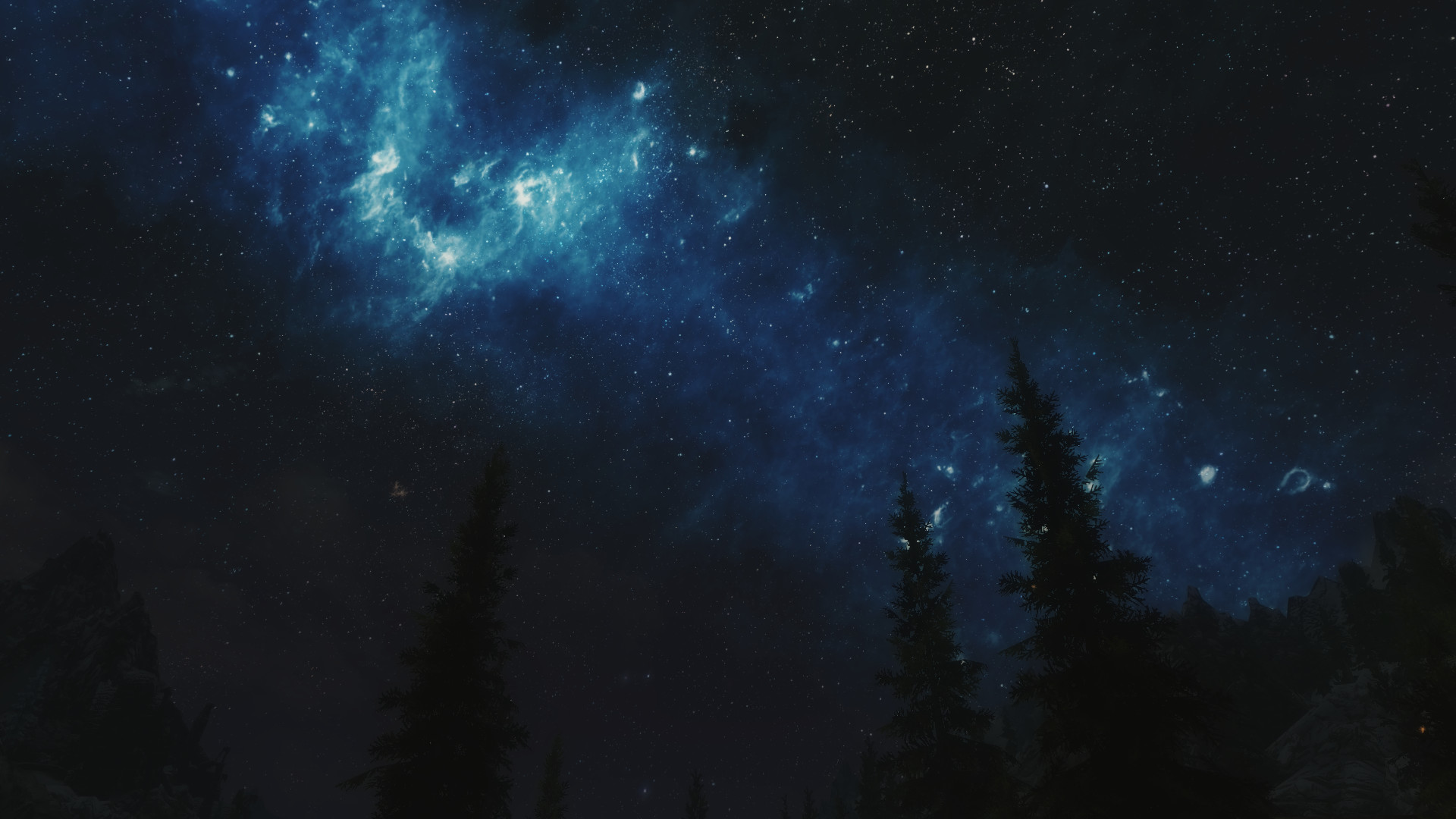 Nebulosa, Abeti, Silhouette, Cielo stellato, 16:9 Full HD, wallpaper widescreen