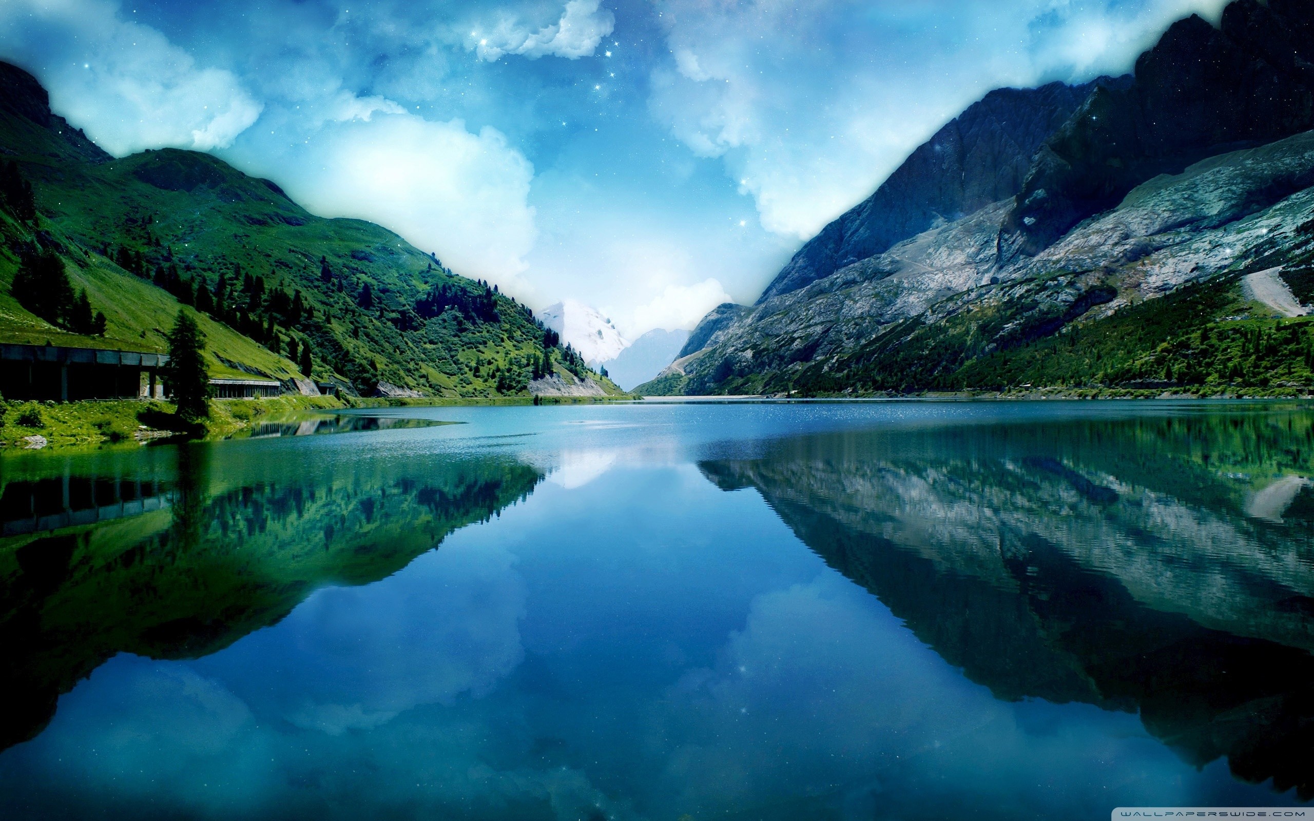 Lago di montagna, Riflesso, Valle, Cielo azzurro, 2K, wallpaper per portatile