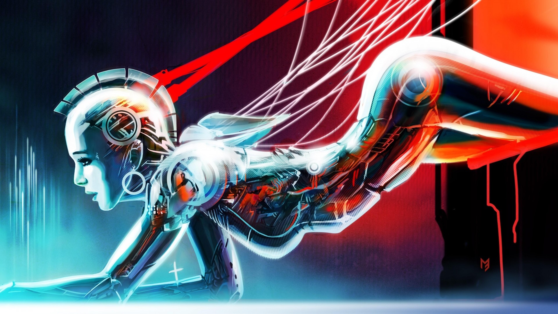 Cyborg, Donna robot, Cavi, Arte digitale, Full HD, sfondo Windows 11