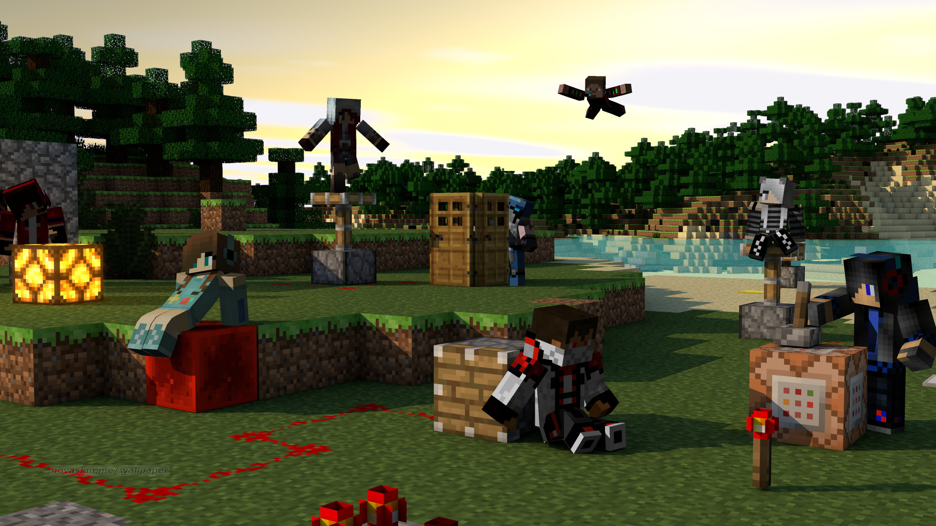 Minecraft, Skin, Redstone, Lago, Gruppo, Full HD, sfondo desktop