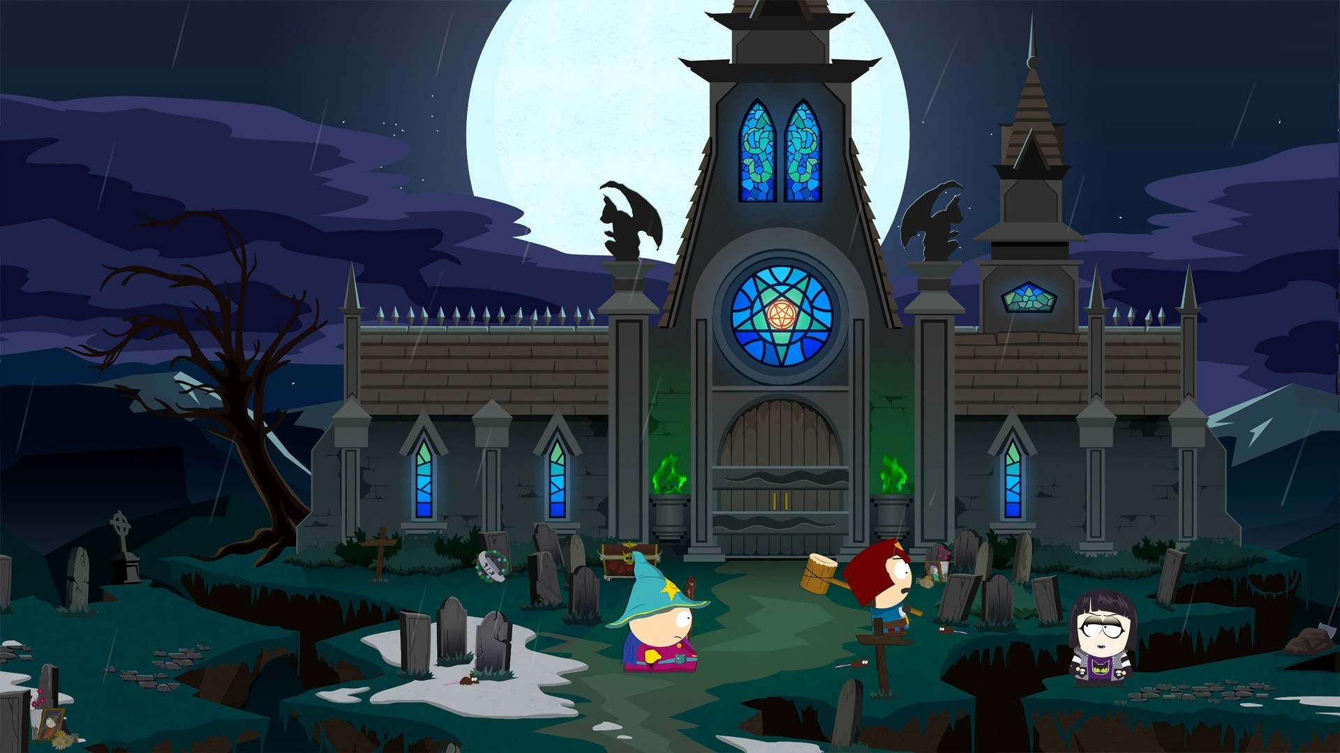South Park, Chiesa, Notte, Luna piena, Cimitero, 1920x1080, sfondo per PC