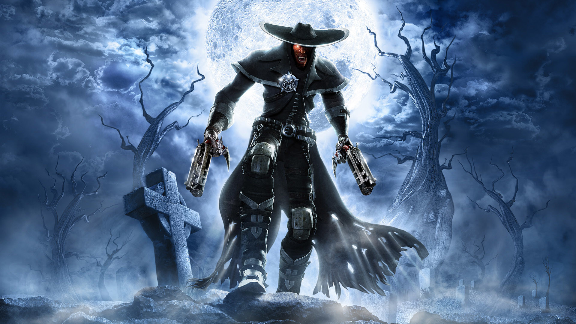 Pistolero, Cimitero, Luna piena, Alberi spogli, Dark fantasy, Western, sfondo desktop 1080p