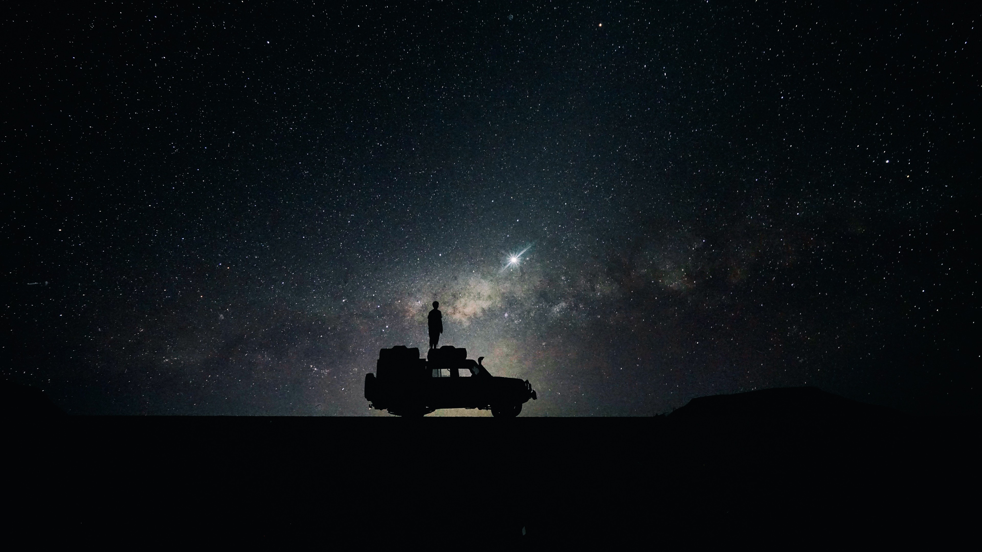 Via Lattea, Fuoristrada, Silhouette, Cielo notturno, 4K 2160p, sfondo desktop