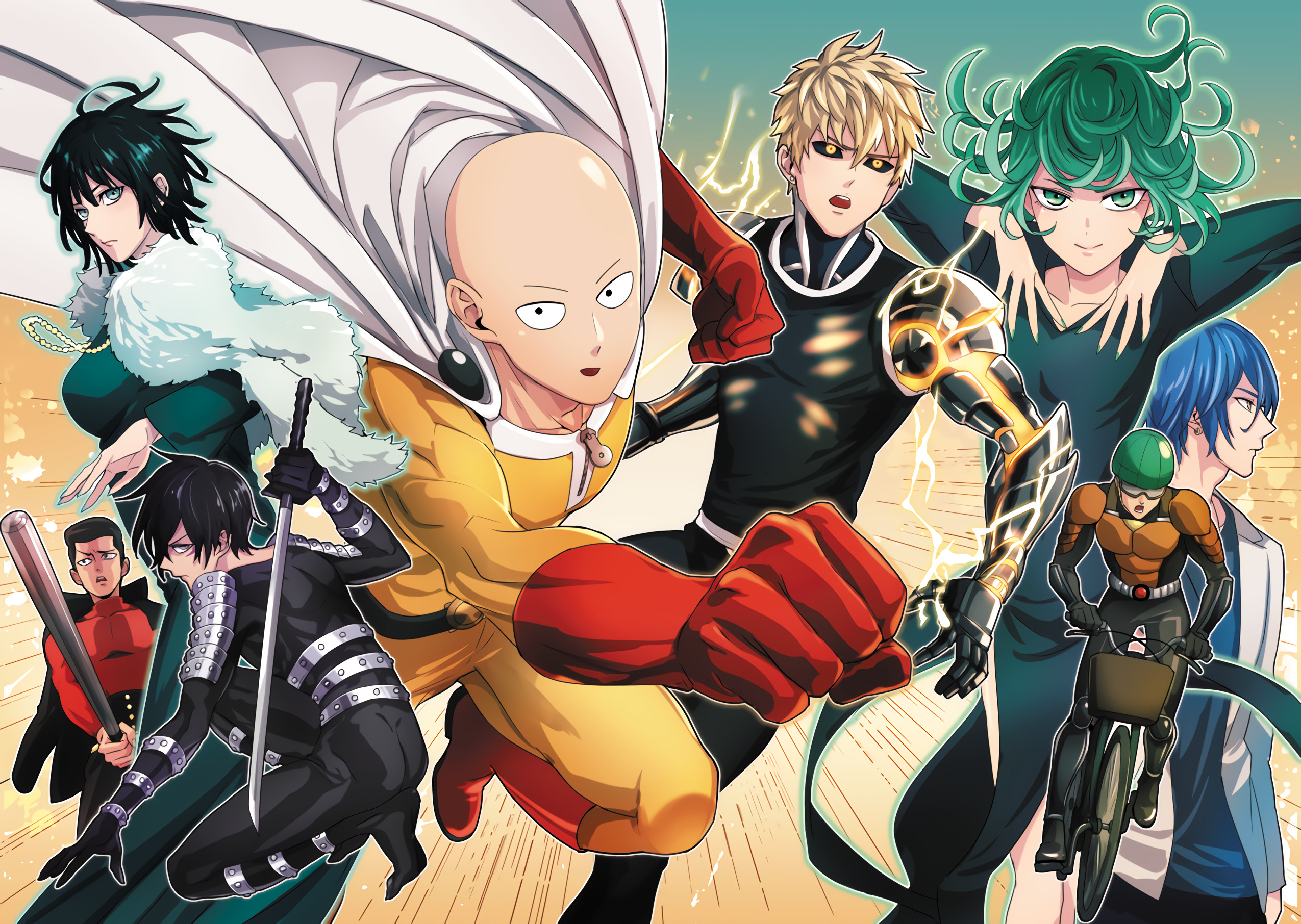 Saitama, Genos, Tatsumaki, Fubuki, Mumen Rider, One Punch Man, Gruppo di eroi, sfondo per PC