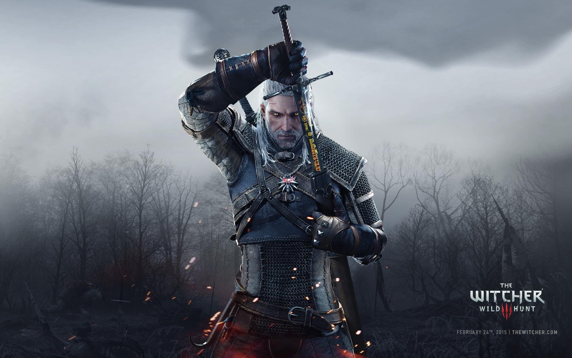 Geralt di Rivia, The Witcher 3: Wild Hunt, Spada, Nebbia, 1920x1200, sfondo MacBook Pro