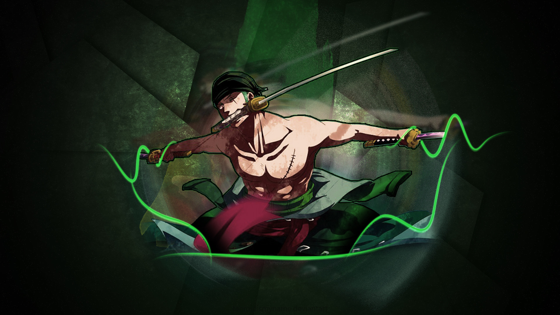 Roronoa Zoro, One Piece, Santoryu, Aura verde, Sfondo scuro, 1920x1080, wallpaper desktop