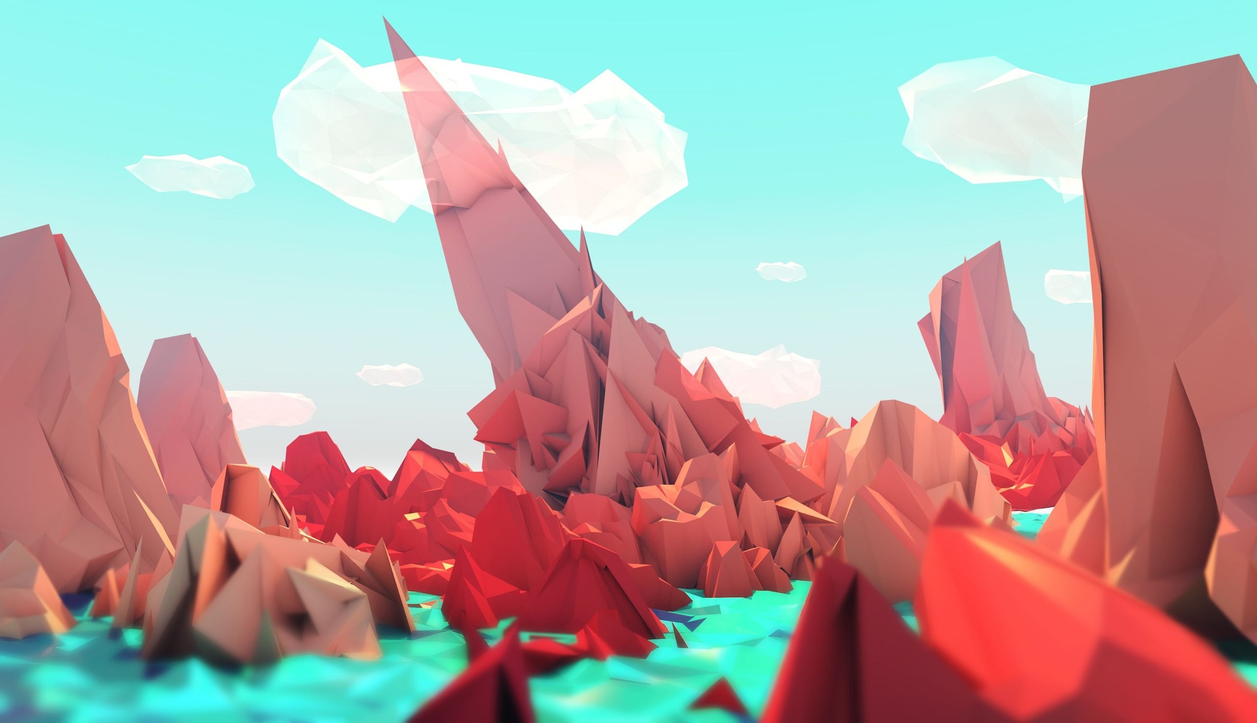 Low poly, Paesaggio, Rocce rosse, Acqua turchese, Nuvole, 2K, wallpaper per portatile