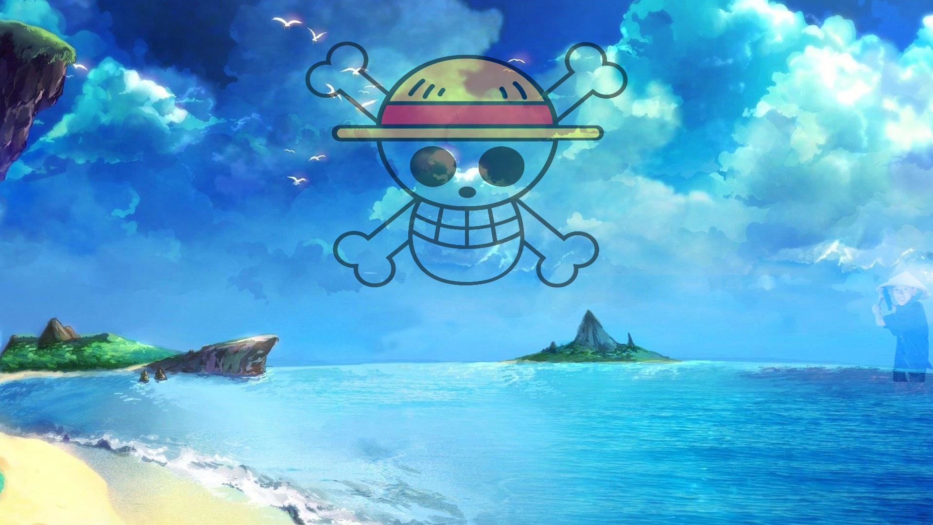 Jolly Roger di Cappello di paglia, One Piece, Spiaggia, Cielo, Full HD, sfondo Windows 11