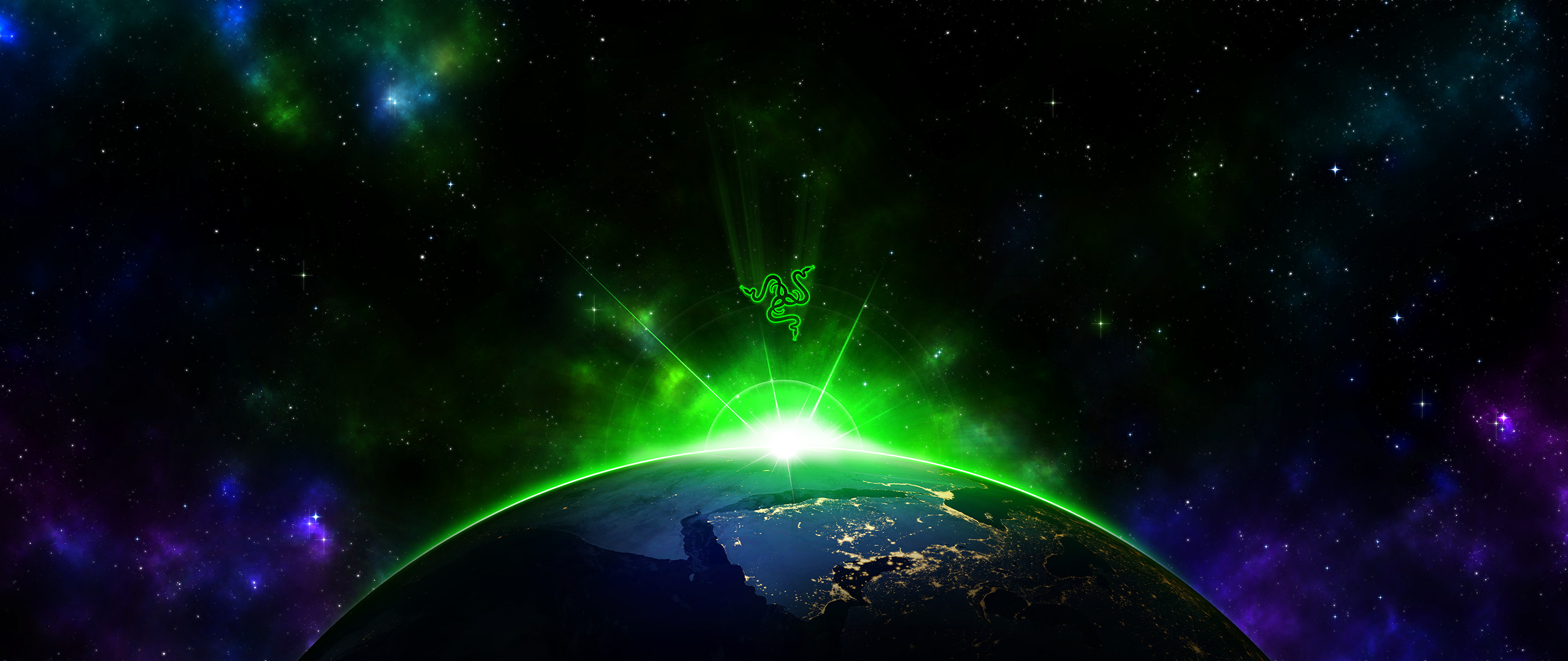 Razer, Pianeta, Spazio, Alba verde, Stelle, 21:9 1080p, sfondo per monitor ultrawide