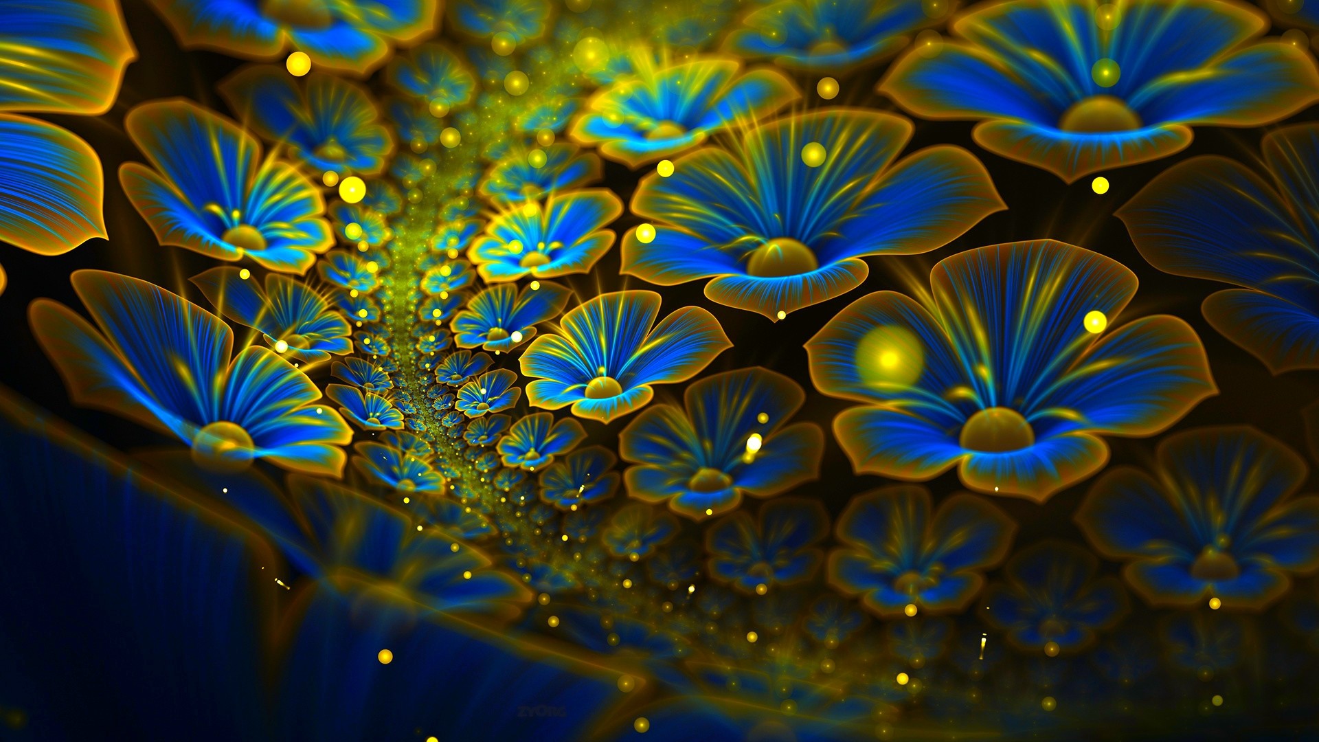 Arte frattale, Fiori, Blu, Oro, Full HD, wallpaper per PC