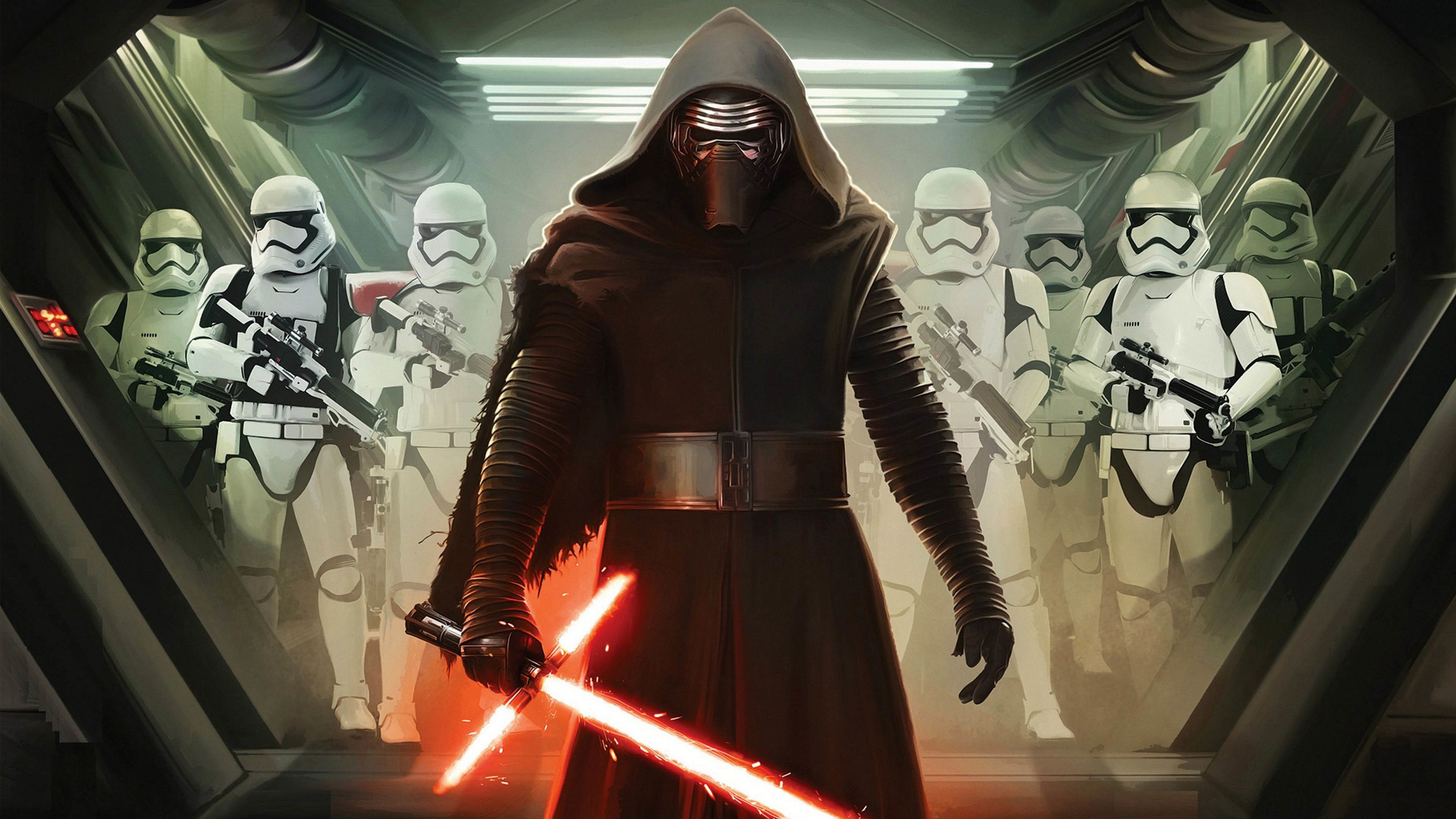 Kylo Ren, Stormtrooper del Primo Ordine, Spada laser, Star Wars: Il risveglio della Forza, sfondo 2160p