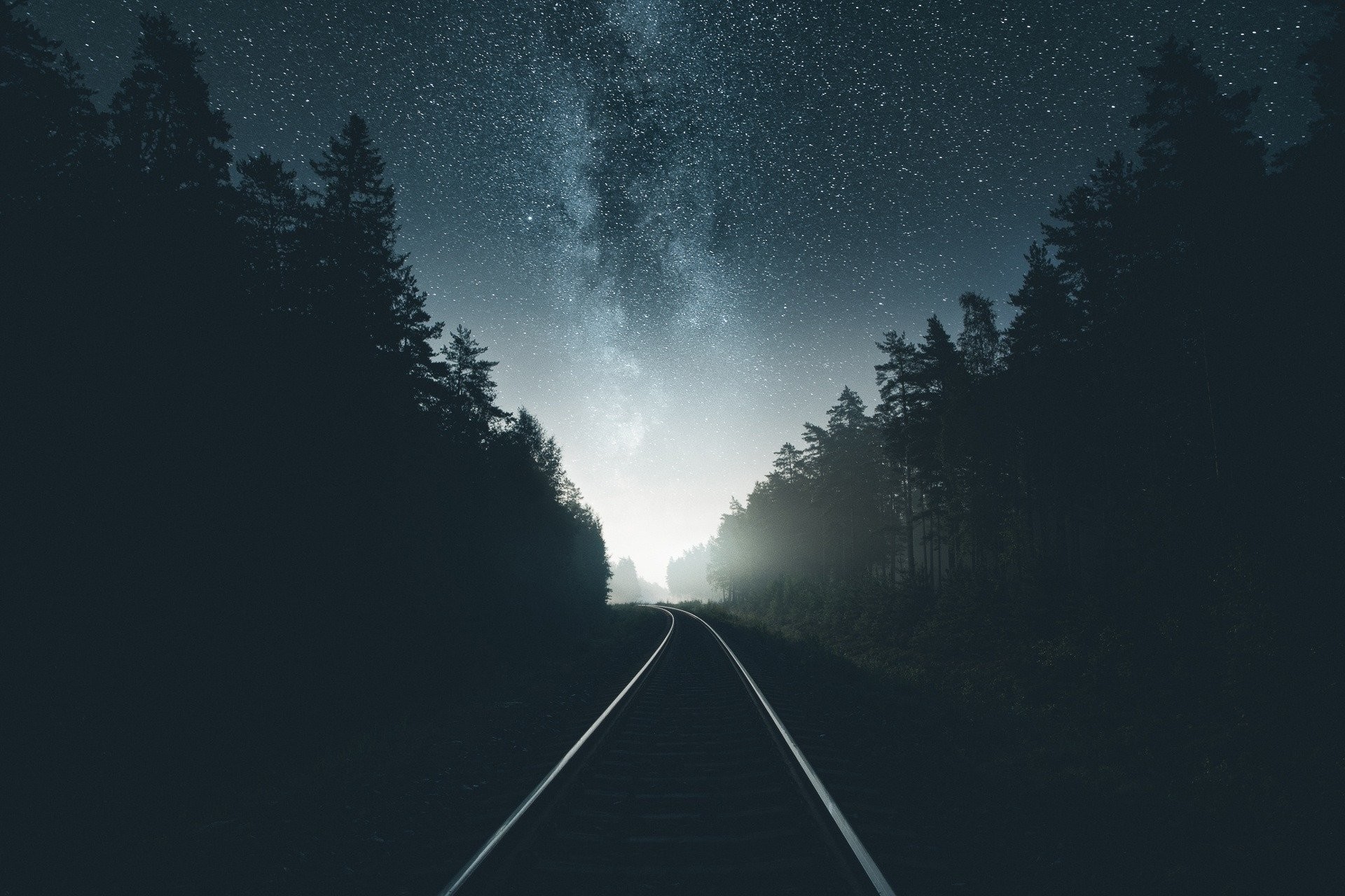 Via Lattea, Binari, Foresta, Notte, Full HD, sfondo Windows 11