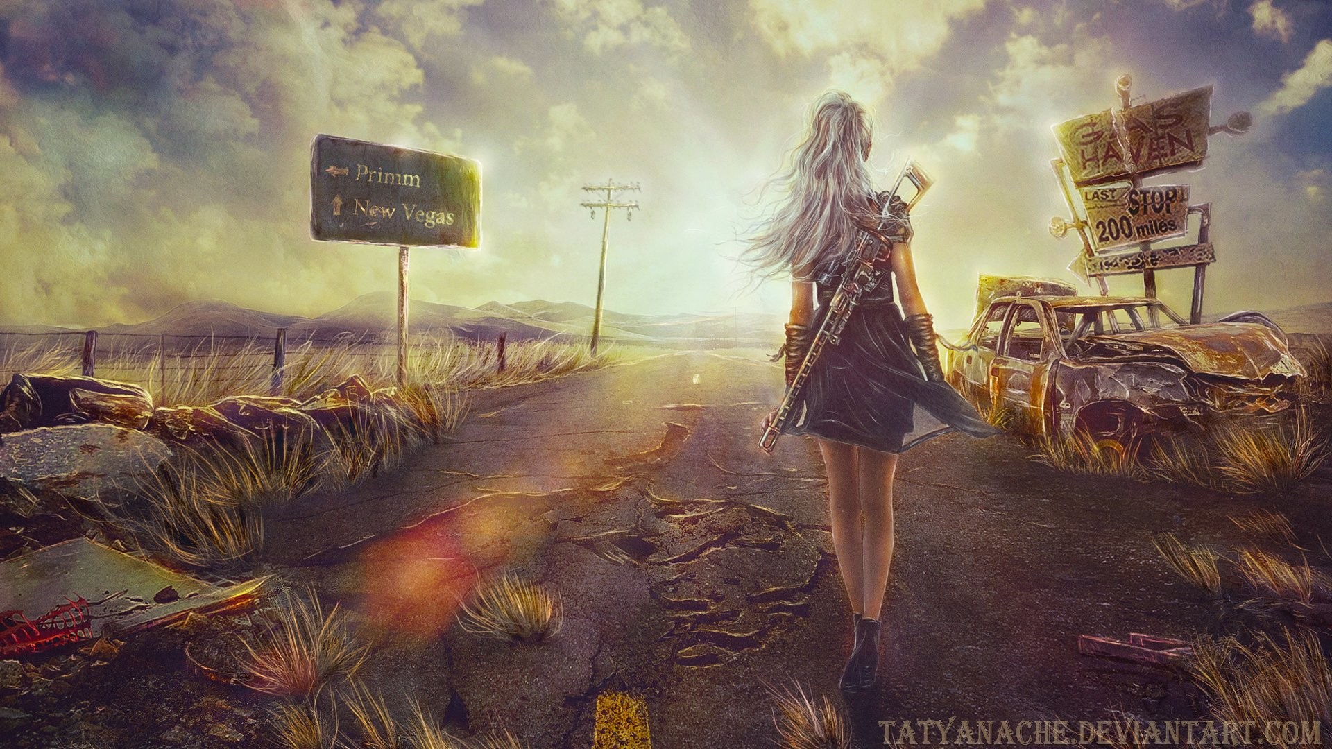 Fallout, Fan art, Strada, Tramonto, Post-apocalittico, Full HD 1080p, sfondo desktop