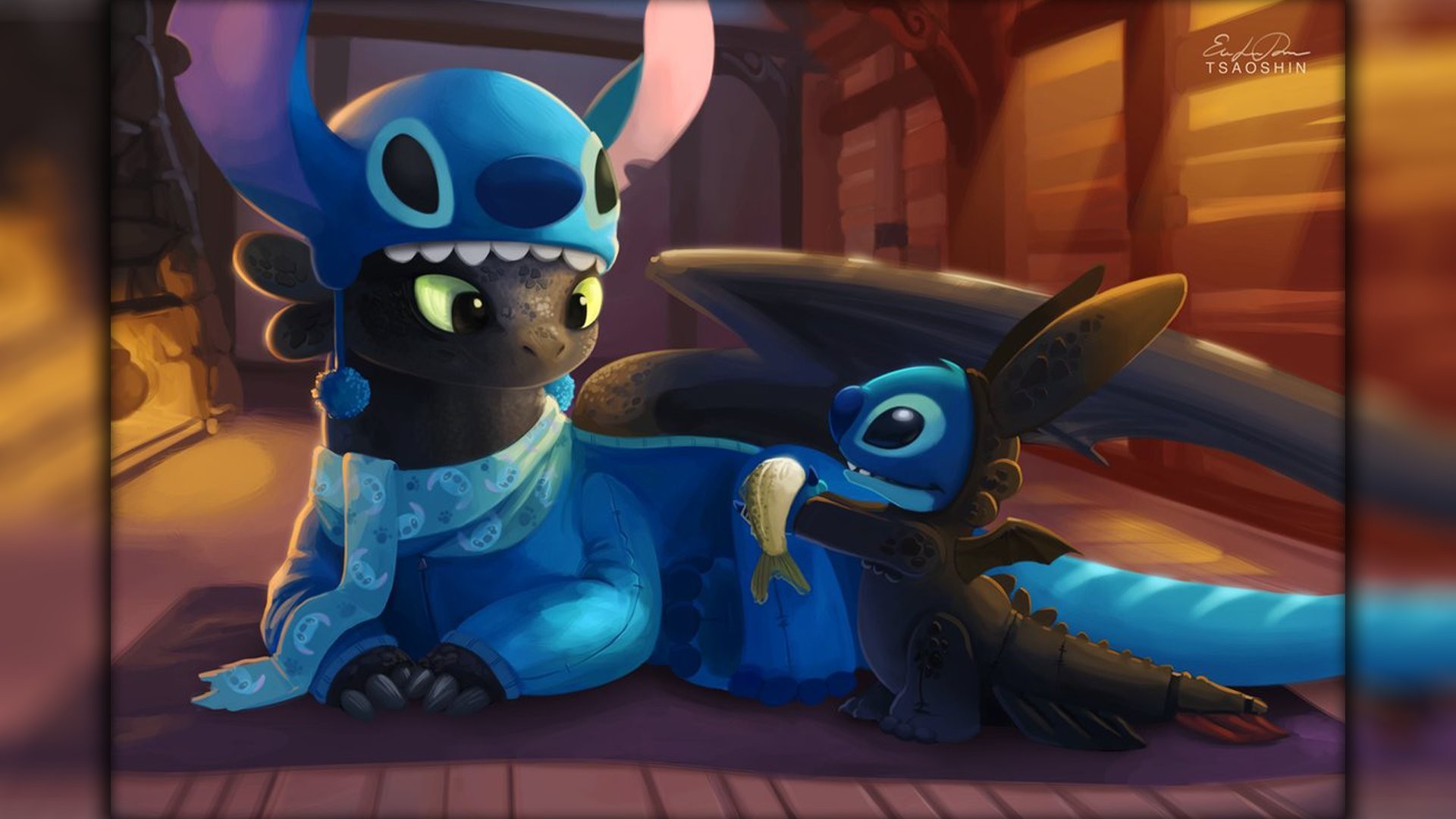 Stitch, Sdentato, Dragon Trainer, Crossover, Fan art, 1920x1080, immagine di sfondo