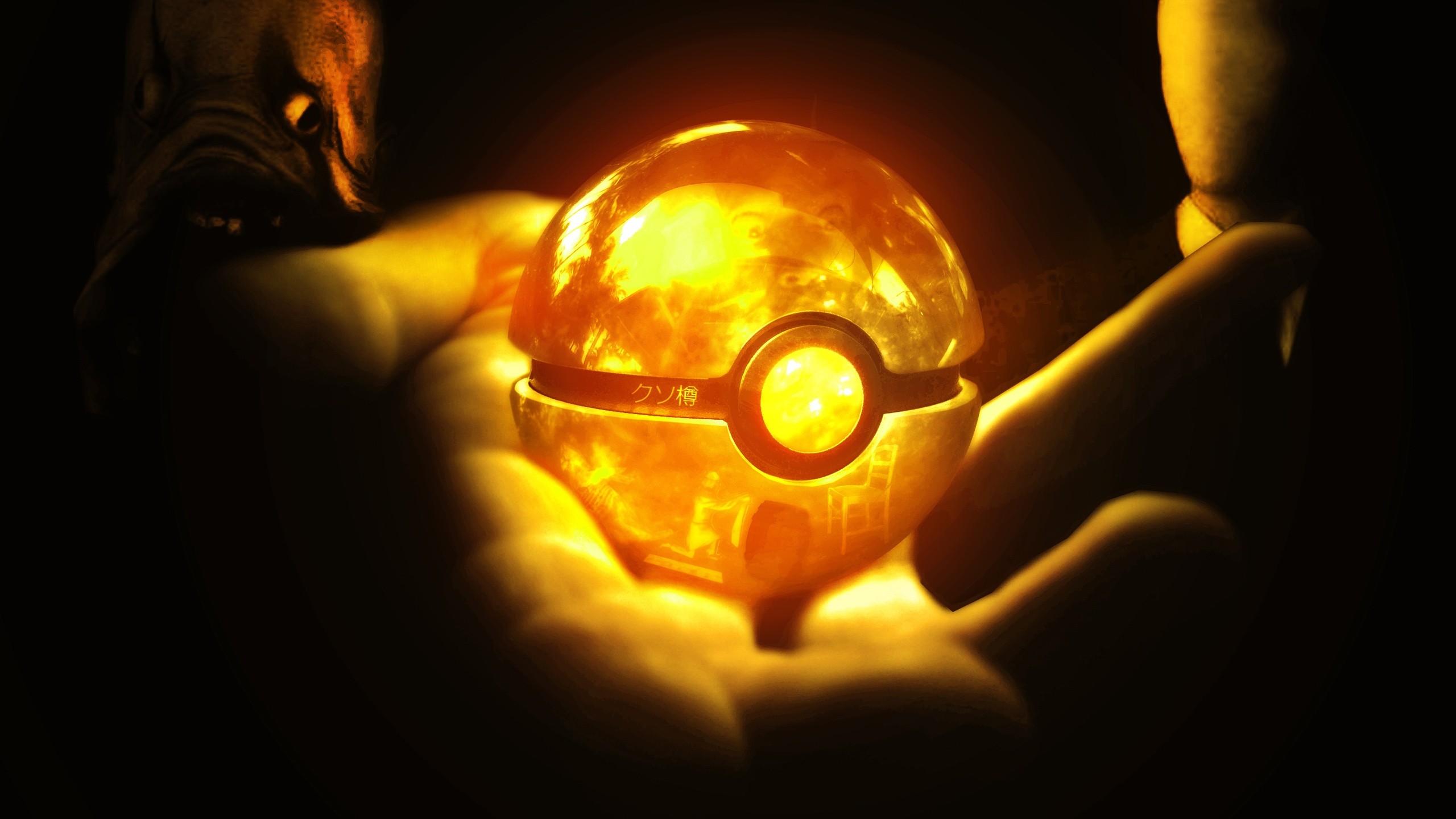 Poké Ball, Pokémon, Mano, Luce arancione, 2560x1440, sfondo per PC