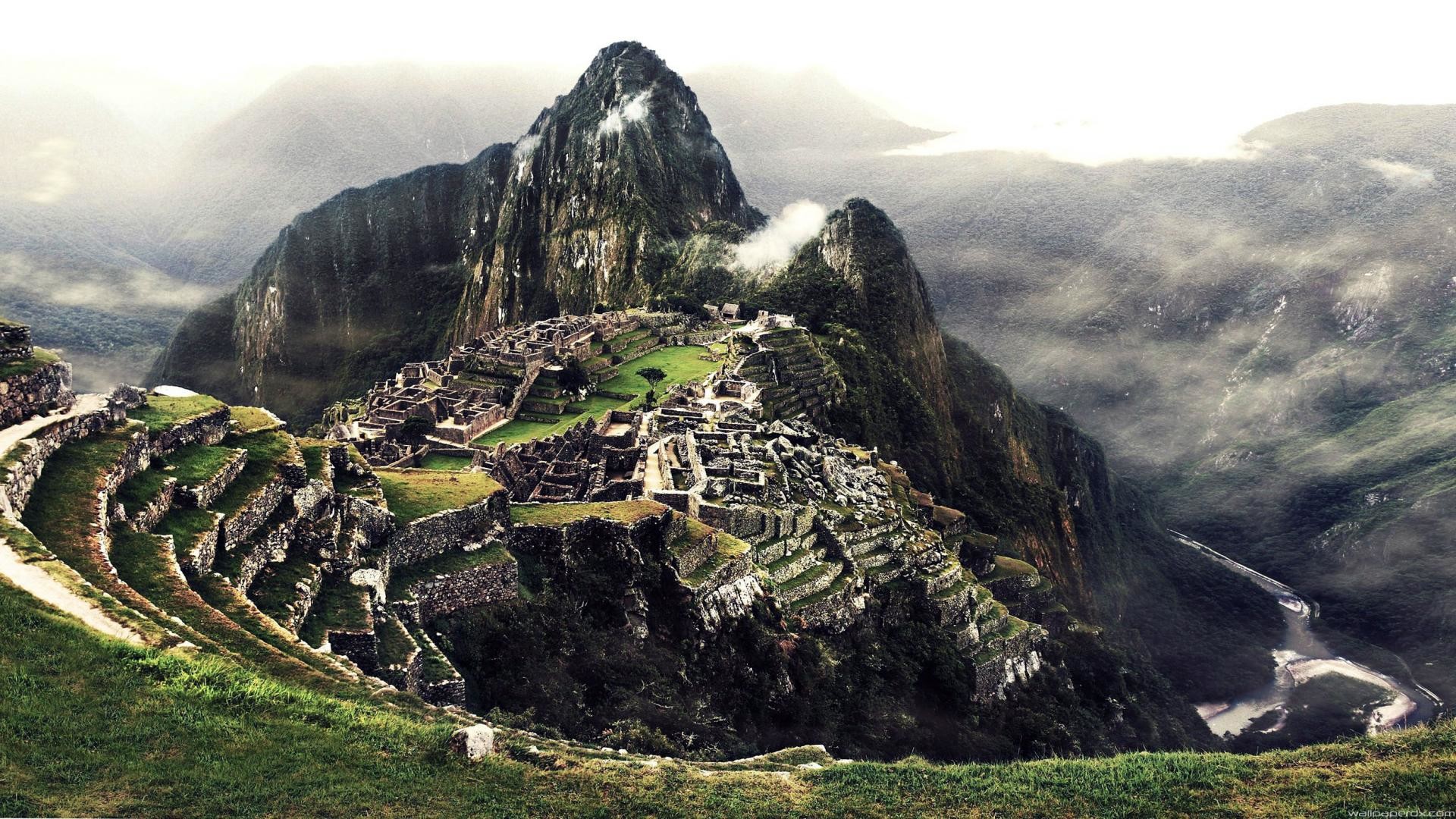 Machu Picchu, Huayna Picchu, Fiume Urubamba, Perù, Nebbia, Full HD, sfondo per PC e portatile