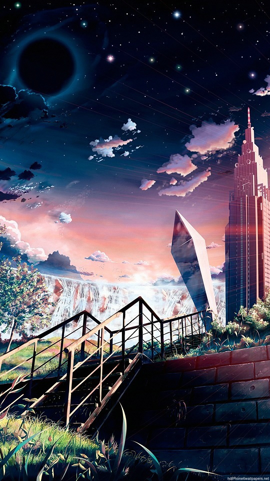 Città fantasy, Scalinata, Eclissi, Anime, Cielo, schermata Home iPhone 6