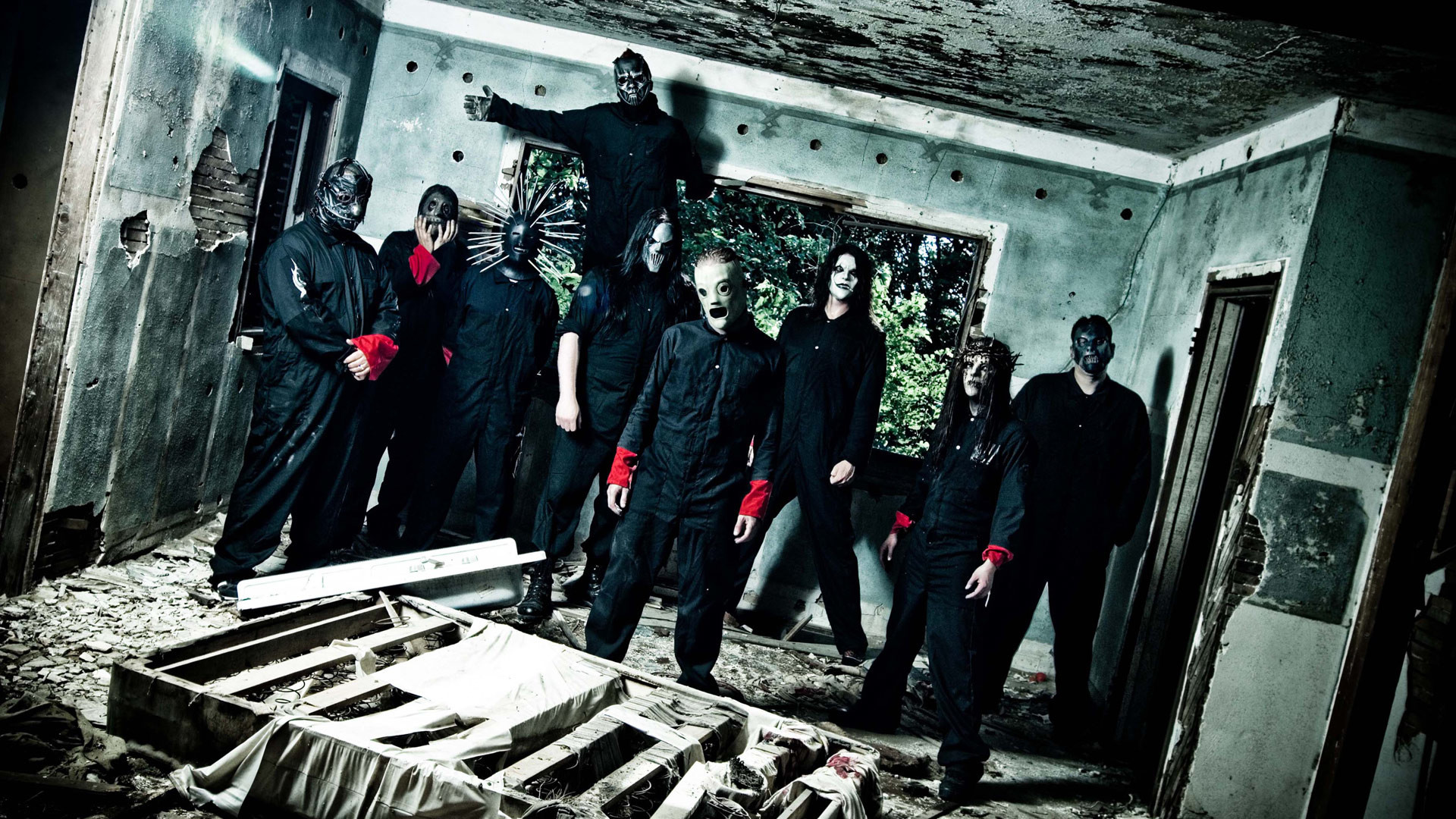 Slipknot, Foto di gruppo, Stanza abbandonata, Maschere, 1920x1080, immagine di sfondo