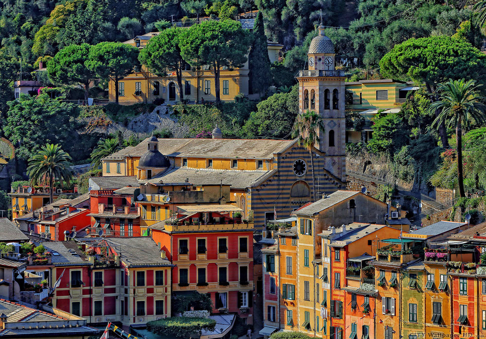 Portofino, Liguria, Chiesa di San Martino, Case colorate, Full HD, sfondo per PC