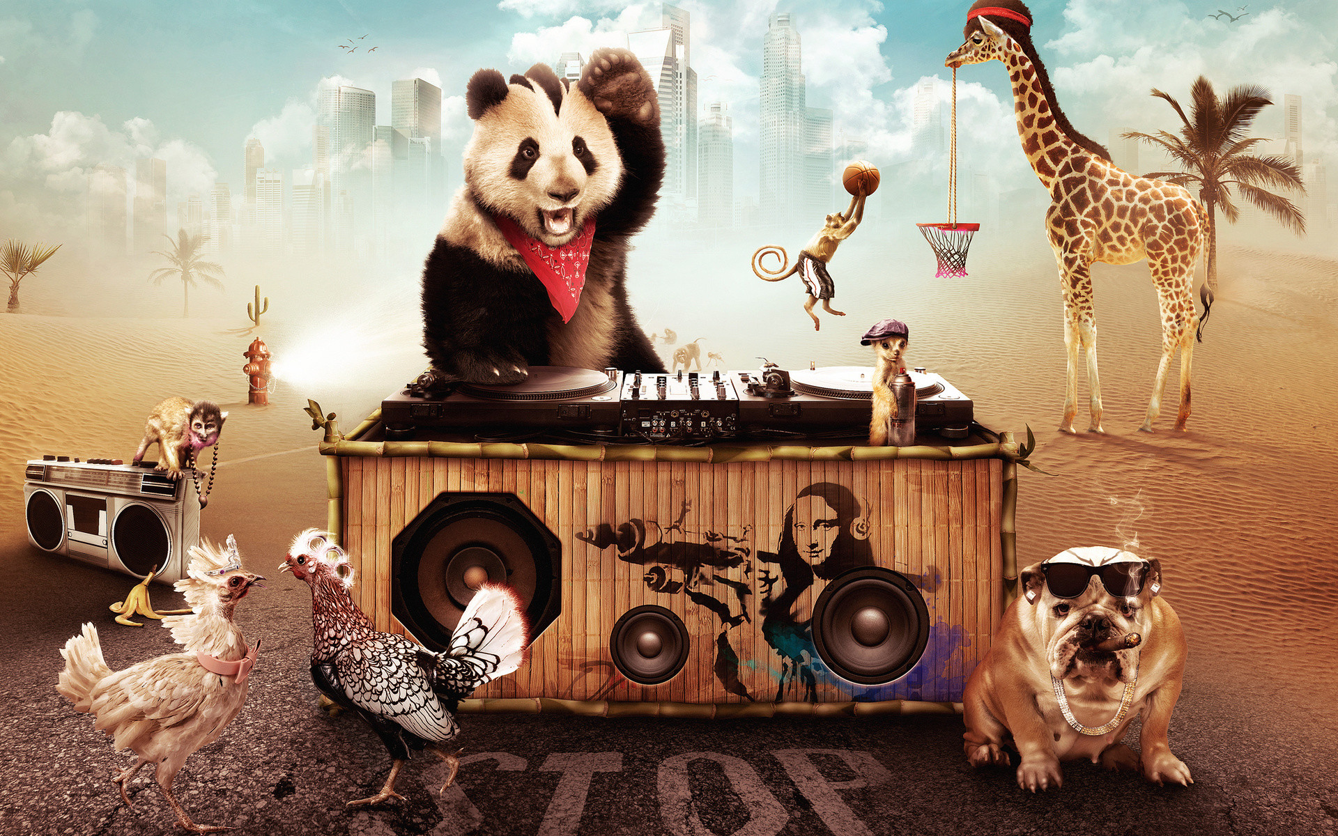 Panda DJ, Giraffa, Bulldog, Animali, Surreale, 1920x1200, sfondo MacBook Pro