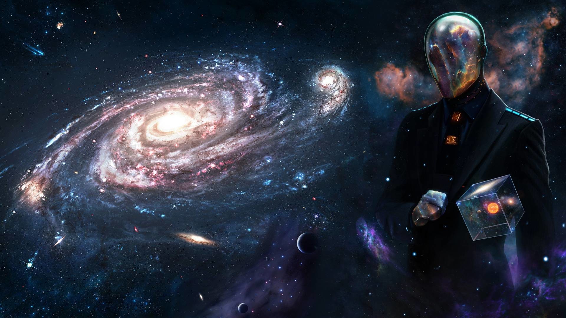 Galassia a spirale, Uomo astronauta, Surreale, Arte digitale, Full HD, wallpaper per PC