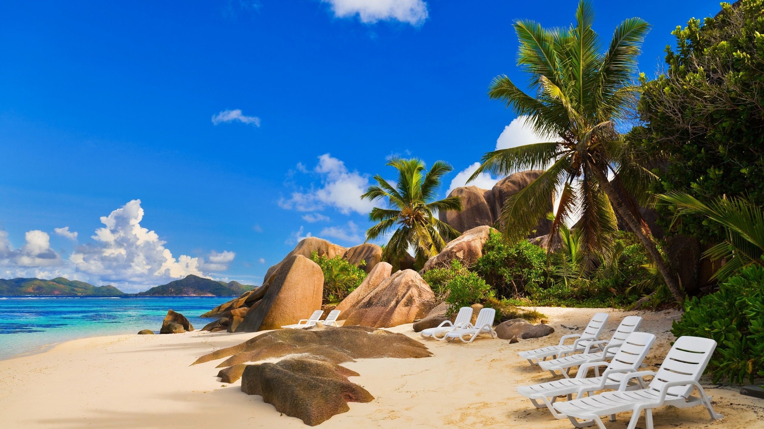Anse Source d'Argent, La Digue, Seychelles, Spiaggia tropicale, Palme, Rocce granitiche, immagine di sfondo