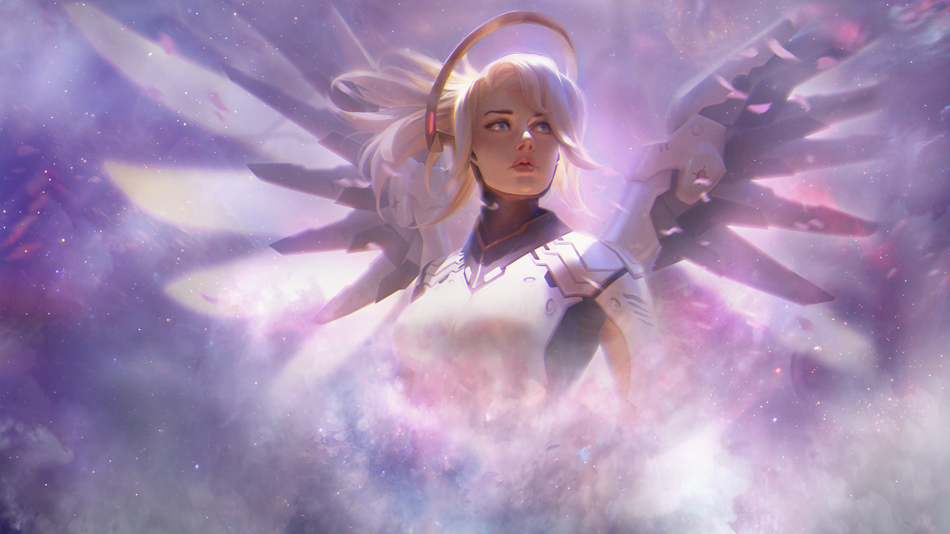 Mercy, Overwatch, Ali, Nuvole, Viola, Full HD, sfondo per PC e portatile